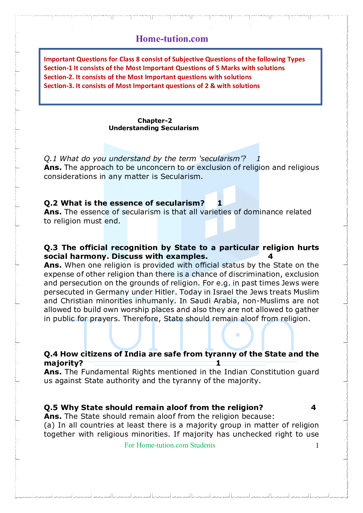 Important Questions on Class 8 Political Science (Civics) Chapter 2 Understanding Secularism
