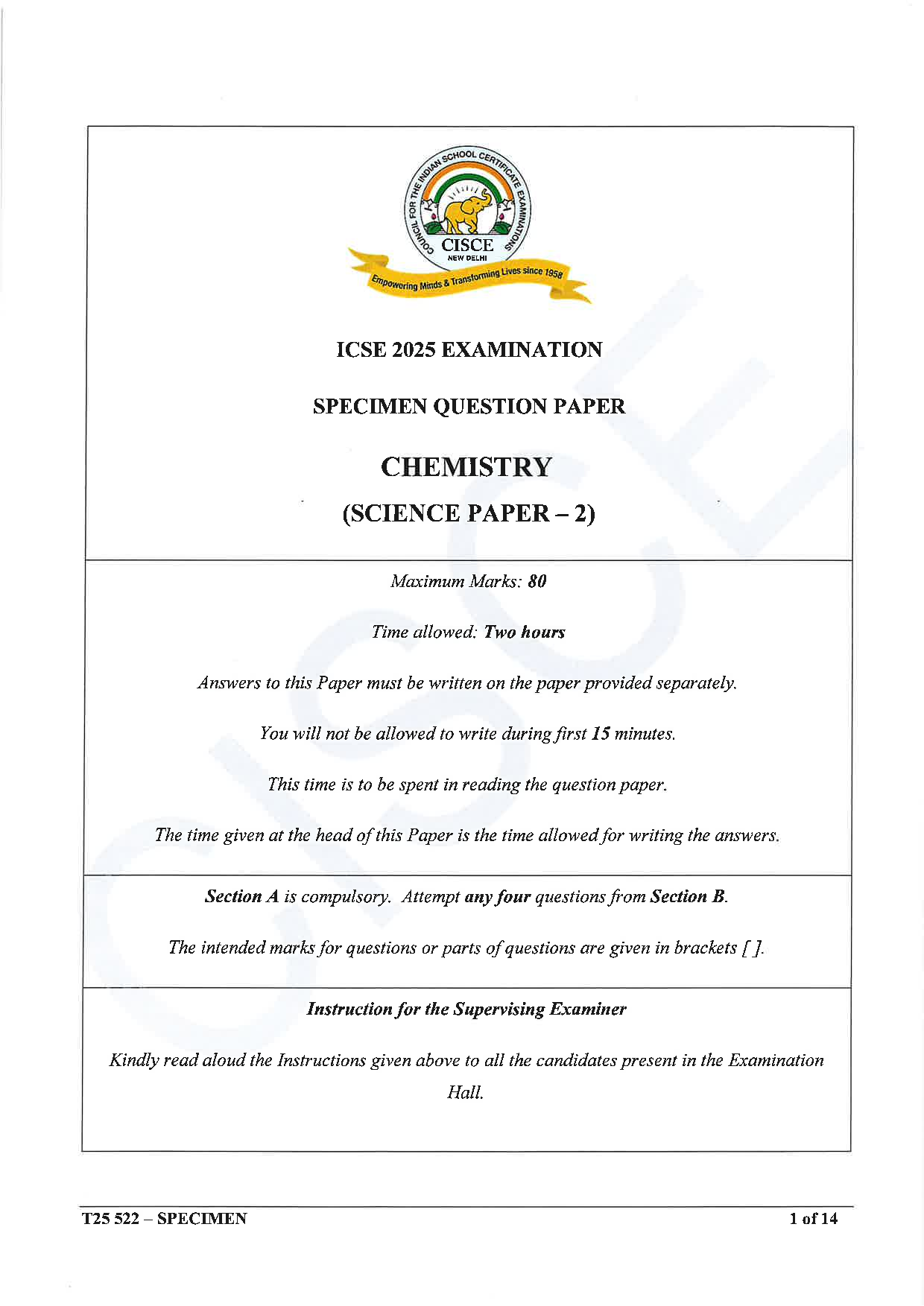 ICSE Board Sample Paper for class 10 chemistry