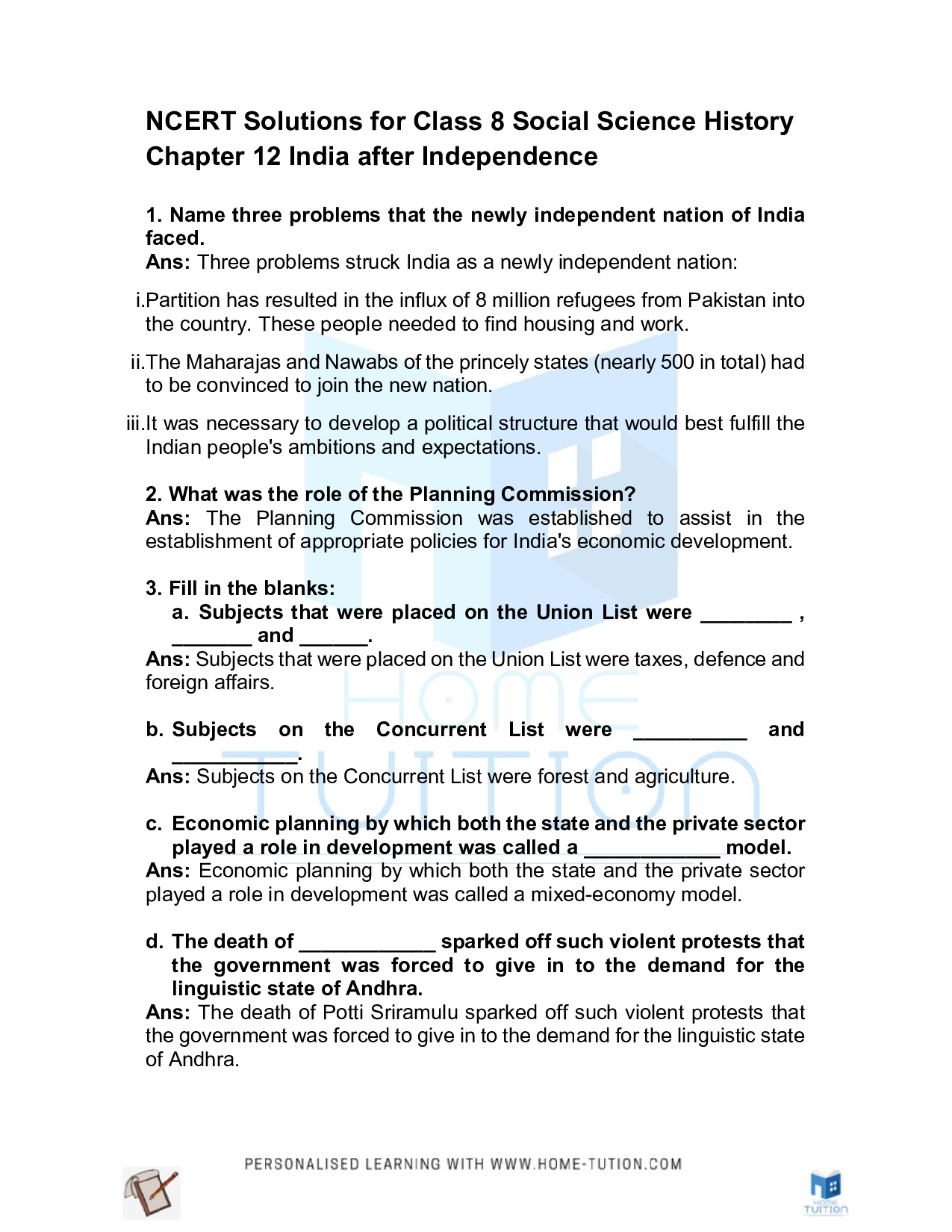 Chapter 10 – India After Independence