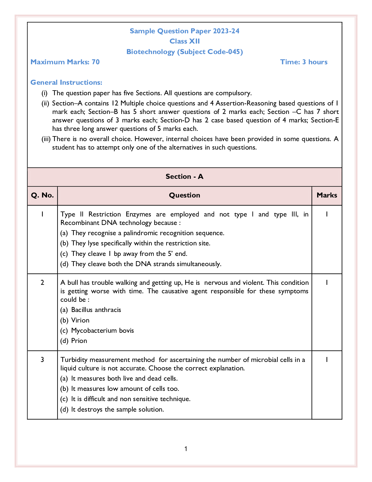 Class 12 Sample Papers for Biotechnology