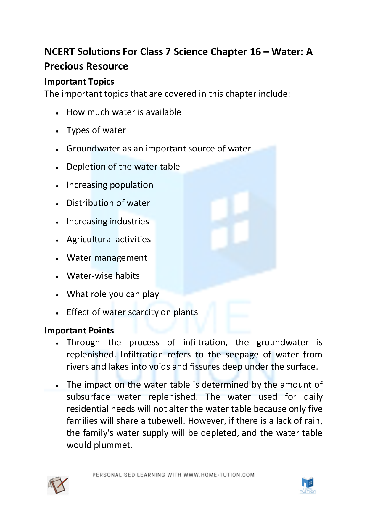 Class 7 Science Chapter 16 – Water: A Precious Resource