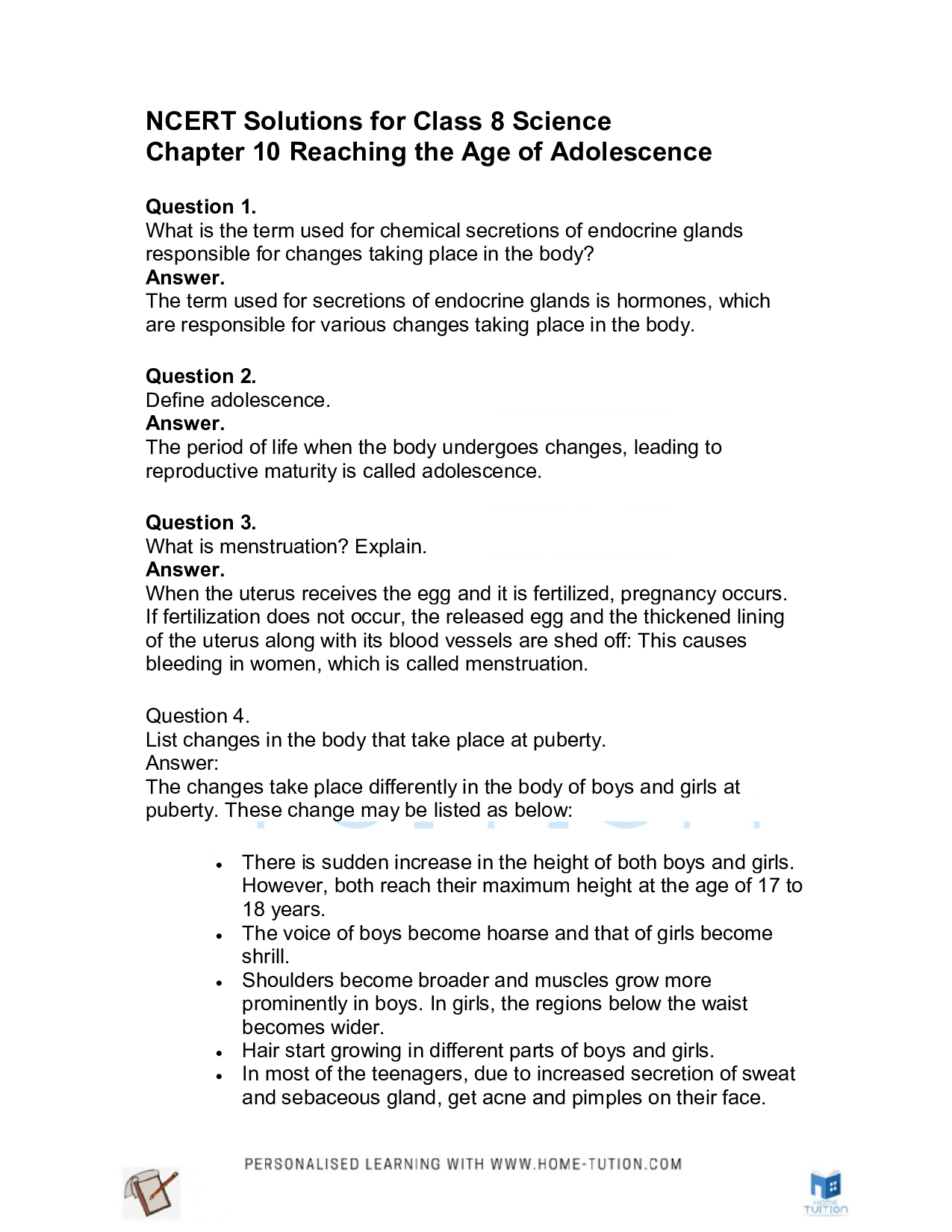 Class 8 Science Chapter 10 Reaching the Age of Adolescence