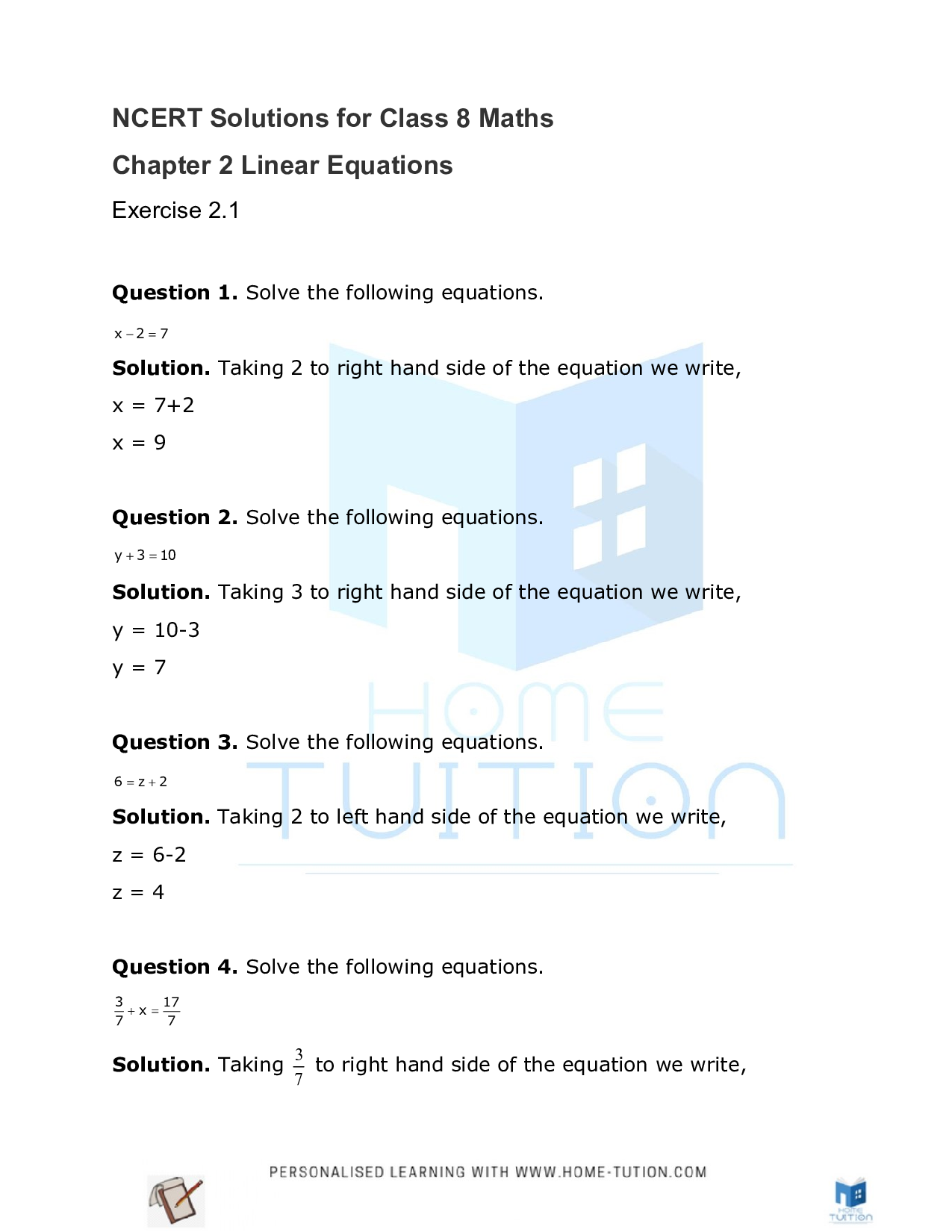 Class 8 Maths Chapter 2 Linear Equations in One Variable