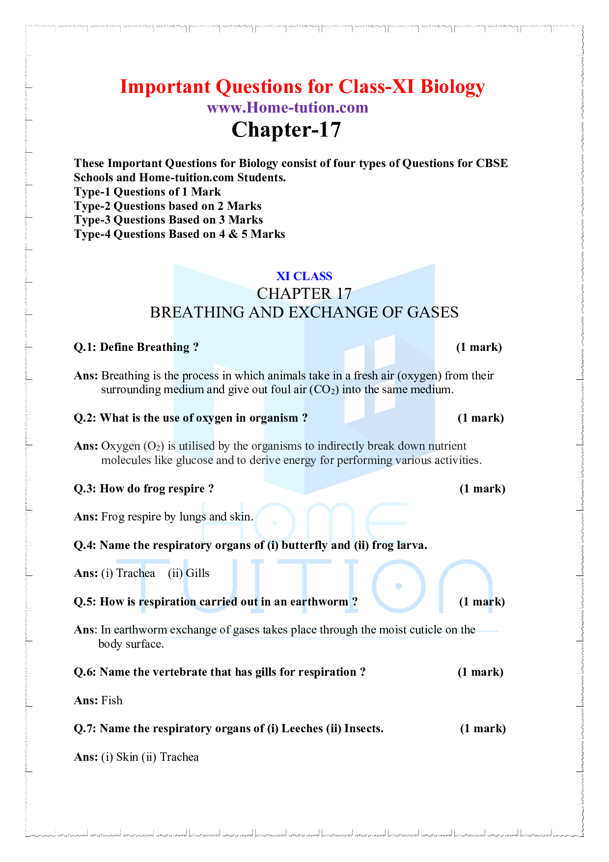 Chapter 17 Breathing and Exchange of Gases Important Questions