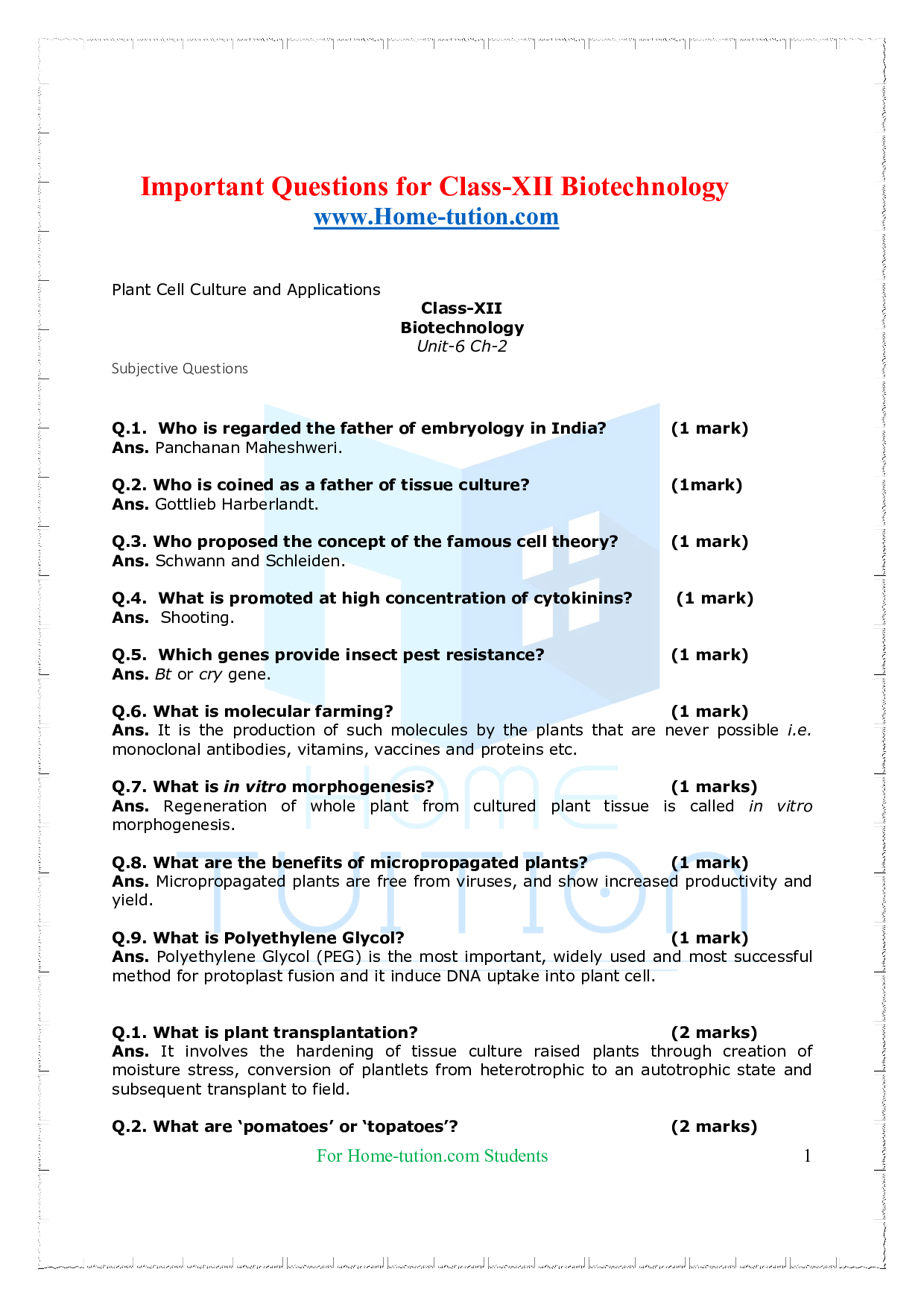 Chapter-Plant Cell Culture and Applications Questions
