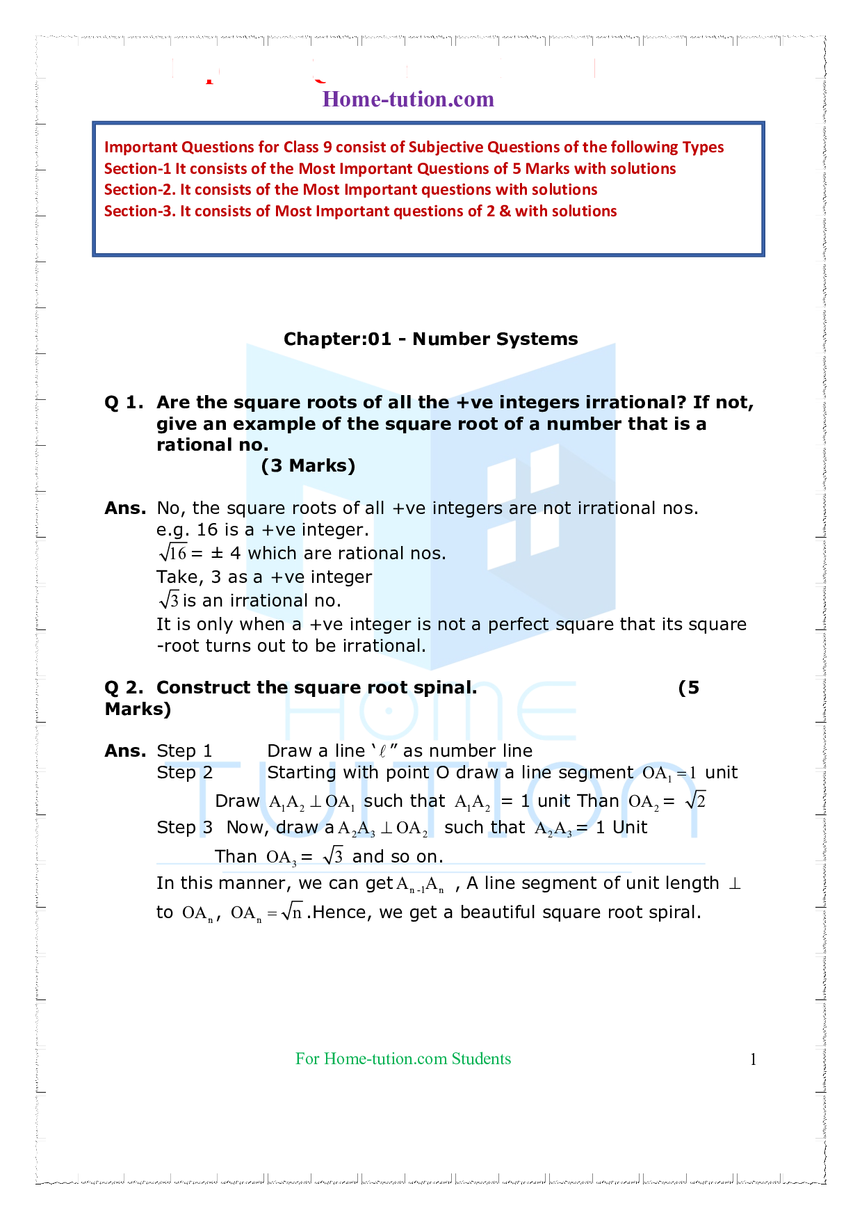 Questions for Class 9 Maths Chapter 1 Number System