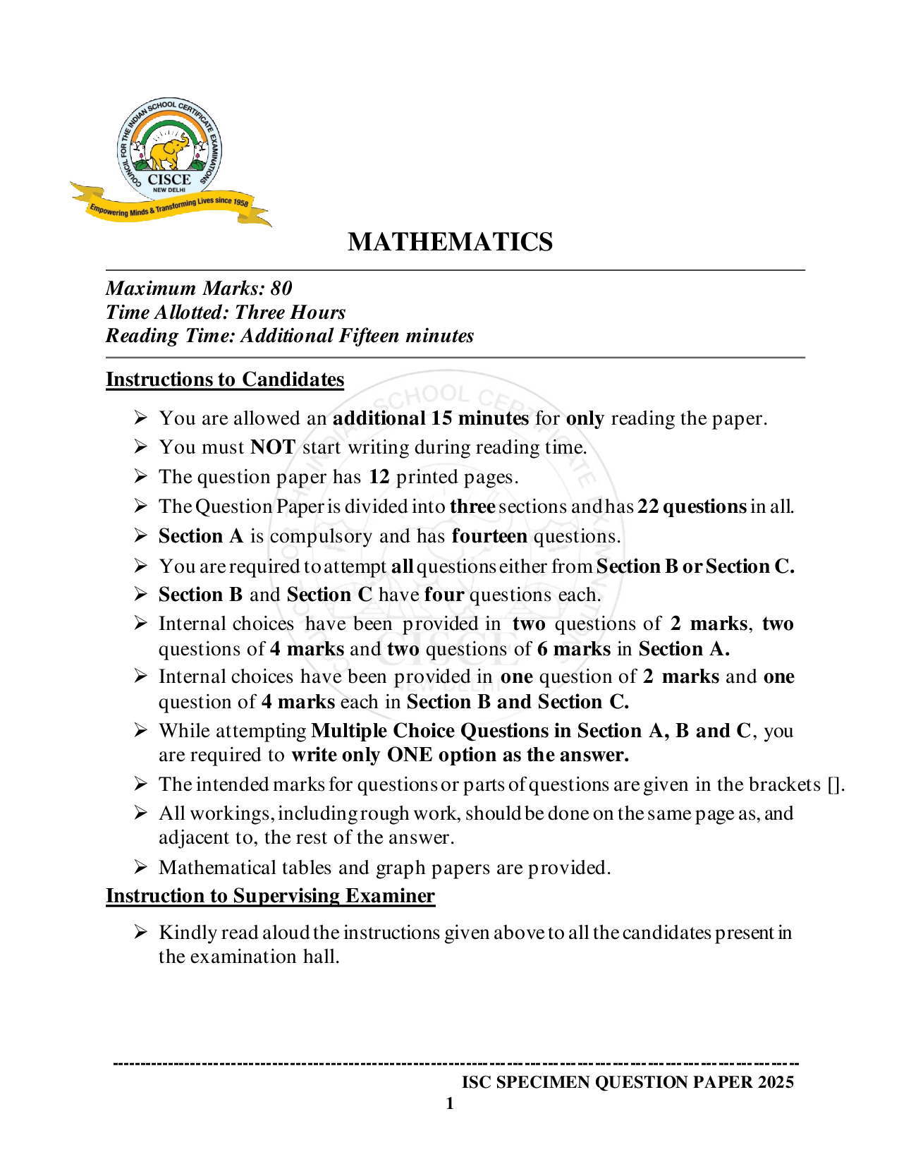 ISE Sample paper for Math’s