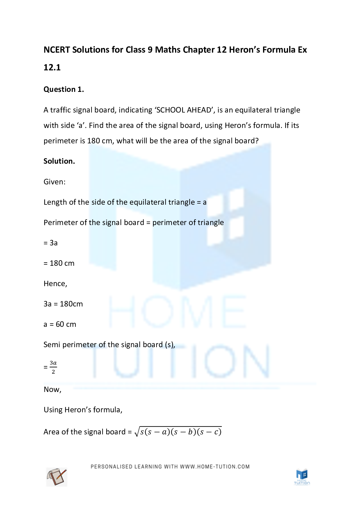 Class 9 Maths Chapter 12 Heron’s Formula