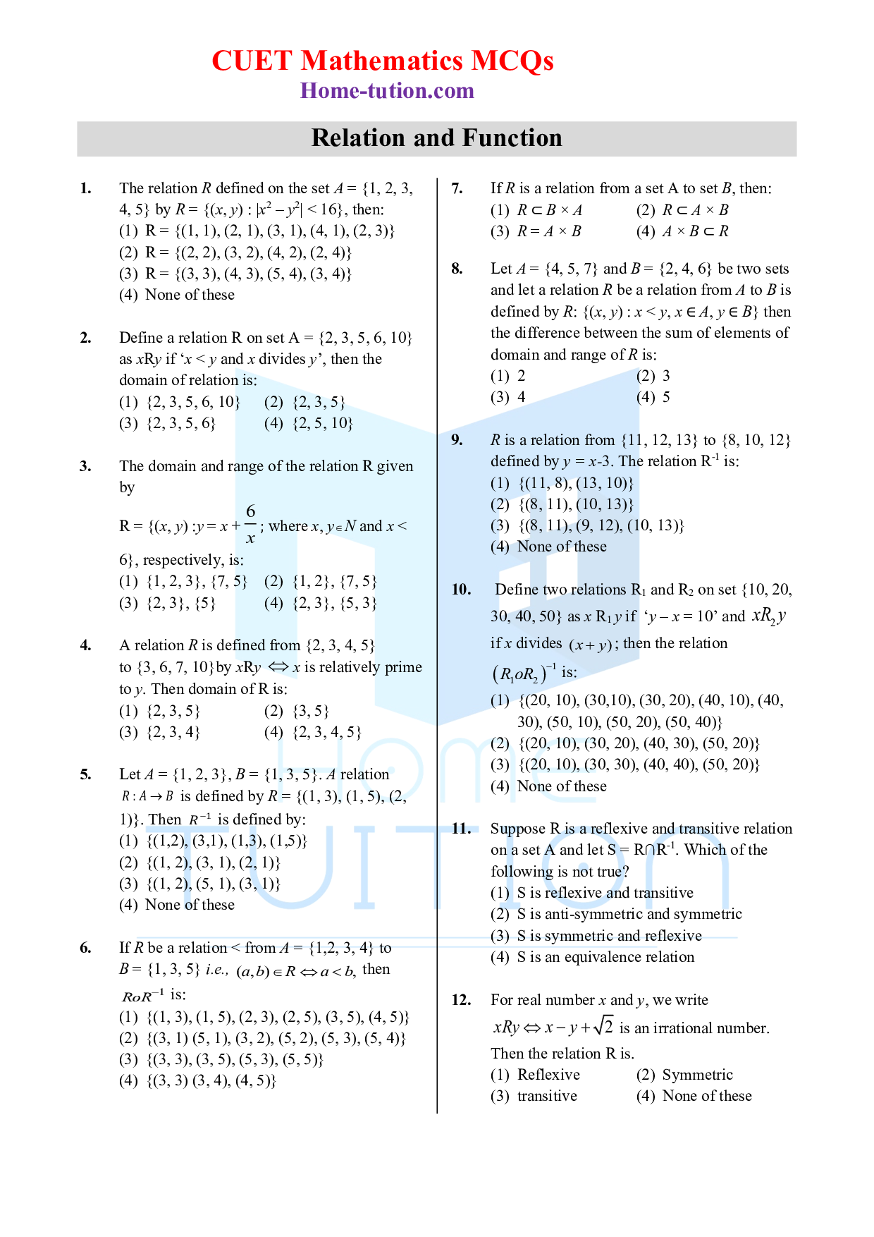CUET MCQ Questions For Maths Chapter-13 Relation and Function
