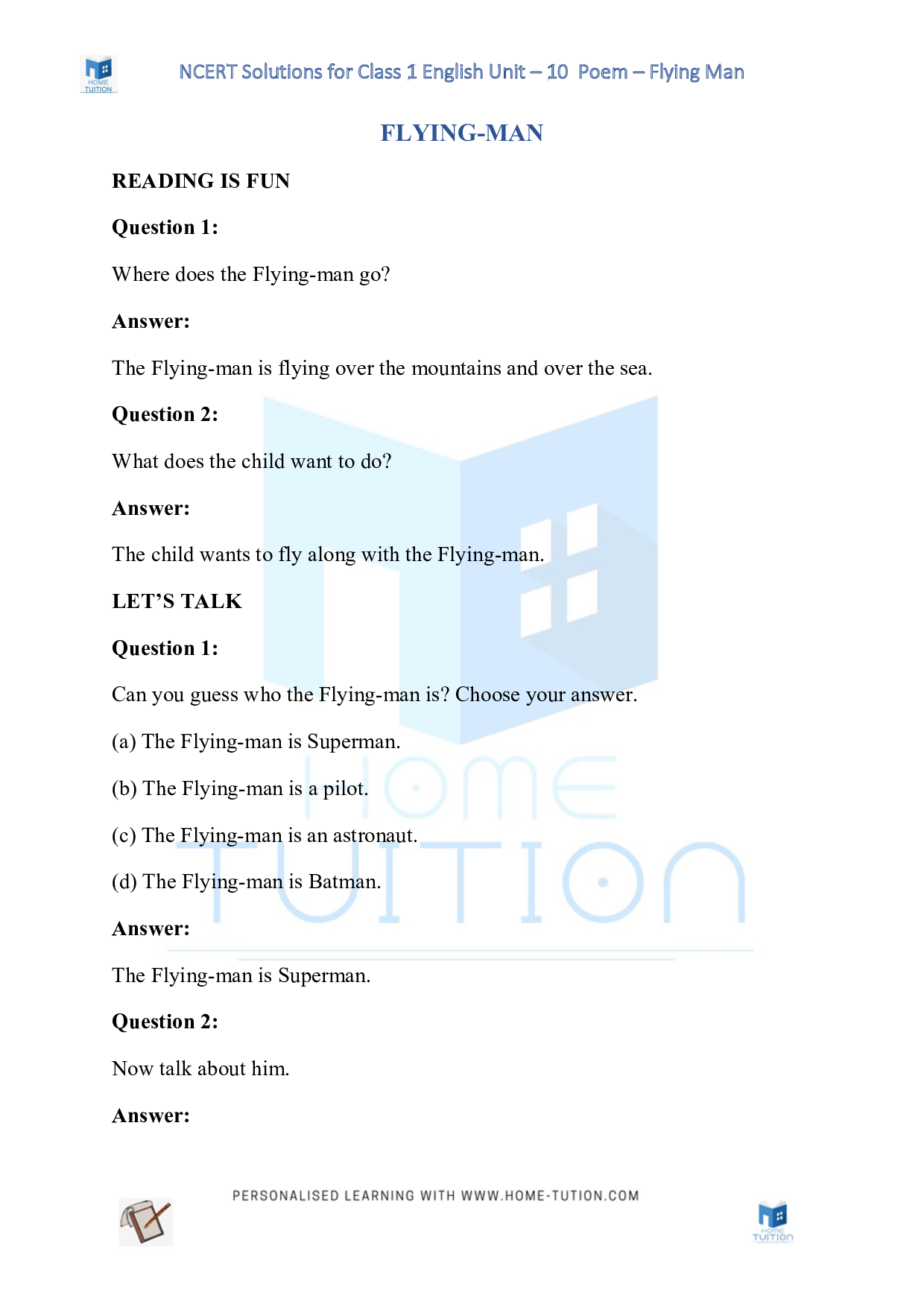 NCERT Solutions for Class 1 English Unit 10 Poem - Flying Man