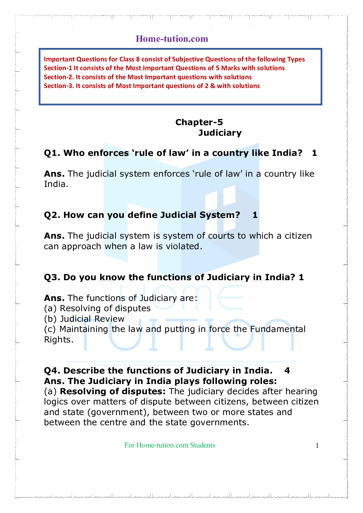Important Questions on Class 8 Political Science (Civics) Chapter 5 Judiciary