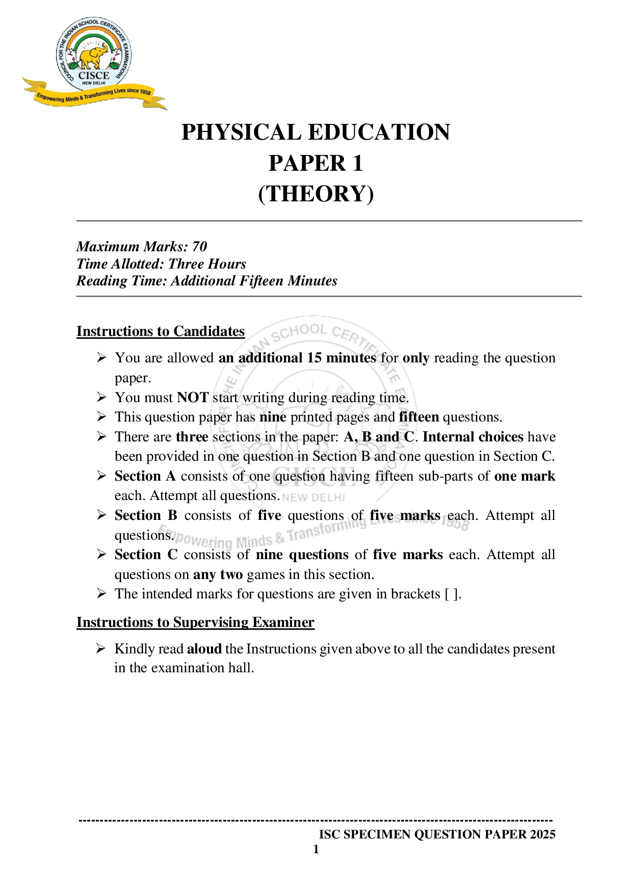 ISE Sample paper for Physical Education