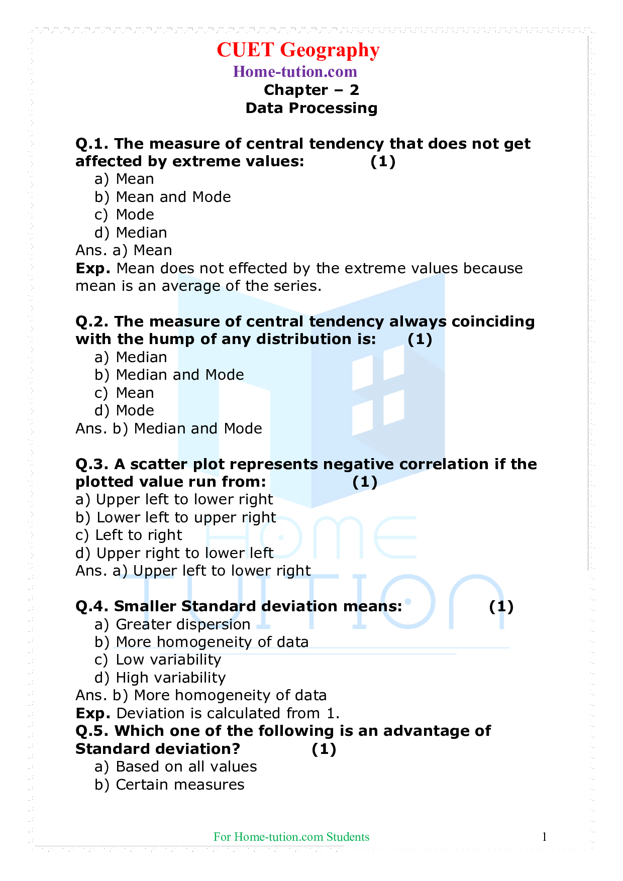 MCQ Questions For CUET Geography Chapter 2 Data Processing