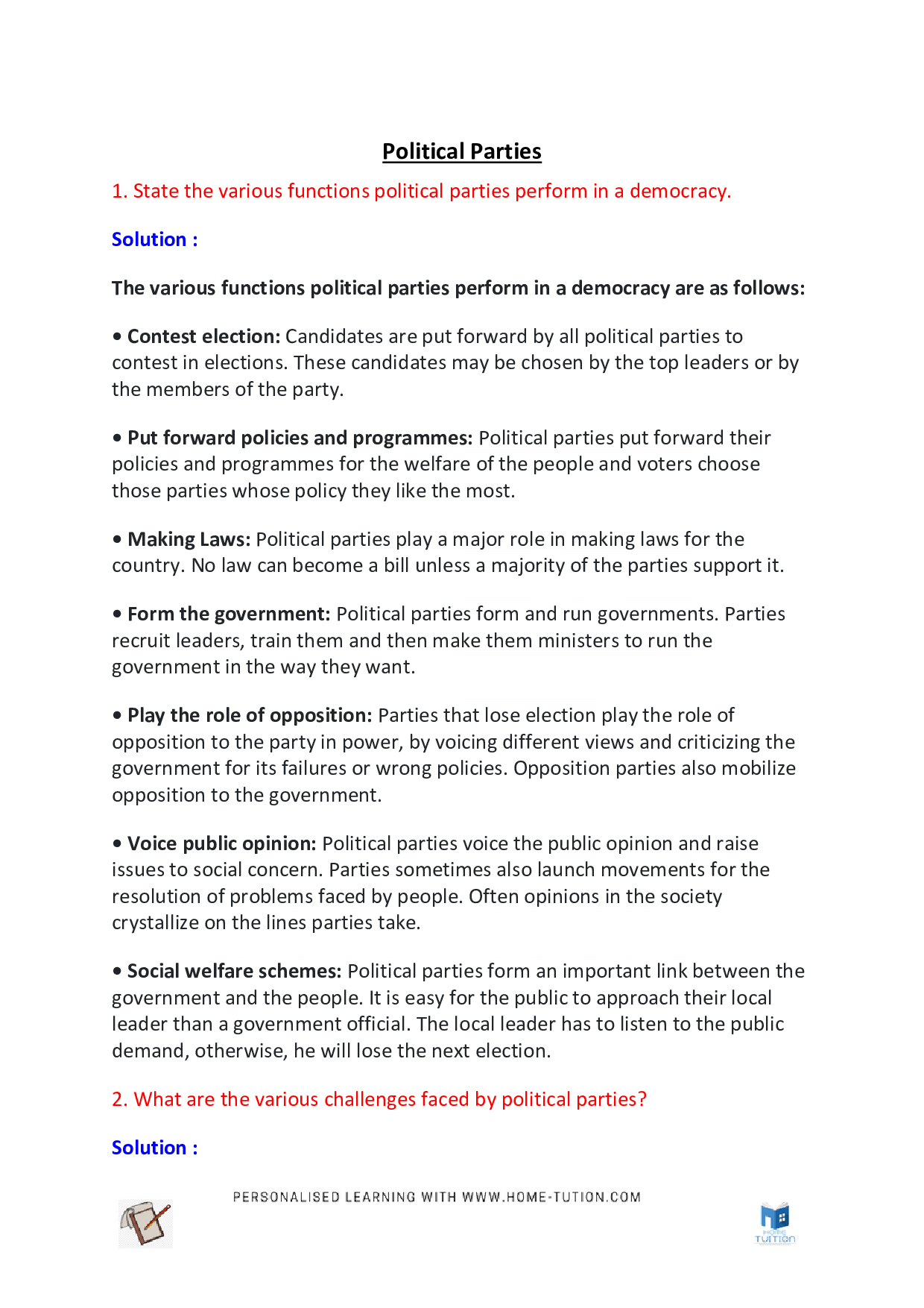 Class 10 Political Science Chapter 6: Political Parties