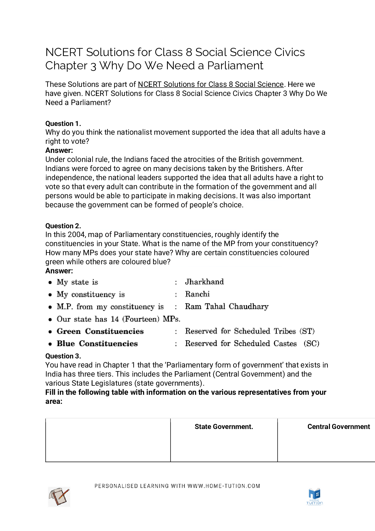 Class 8 Civics  Chapter 3 Why do we need a Parliament