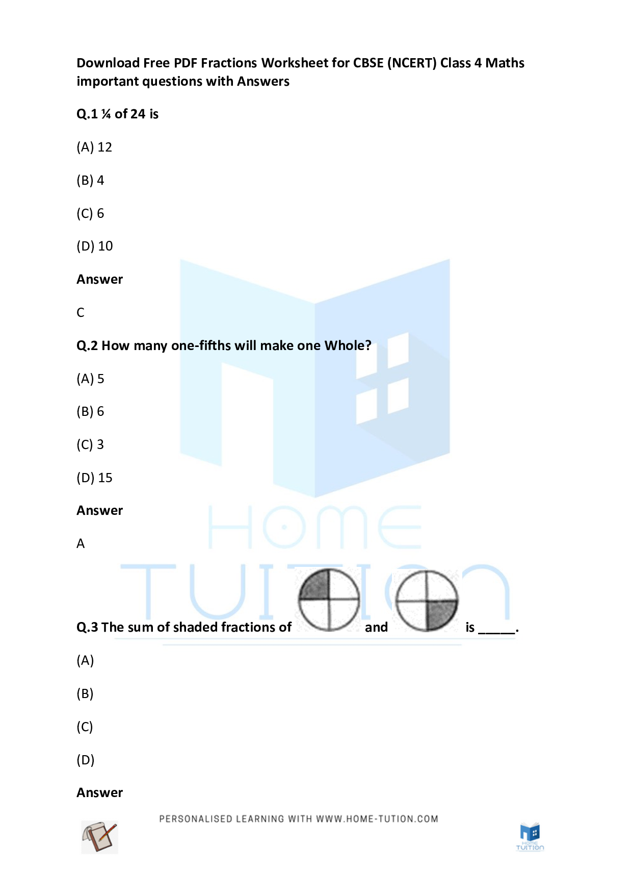 CBSE (NCERT) Class 4 Maths Fractions Worksheet Questions with Answers 