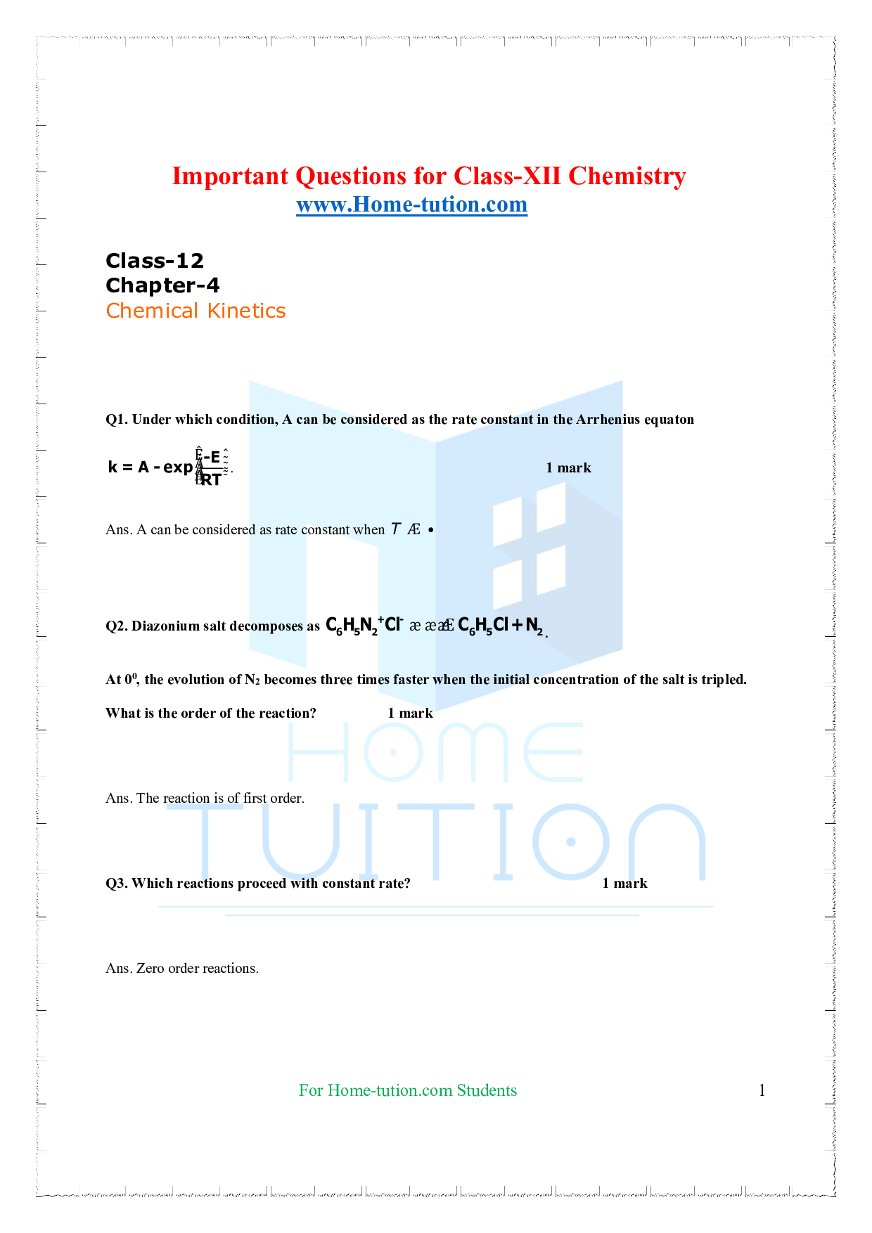 Chapter 4 Chemical Kinetics Important Questions