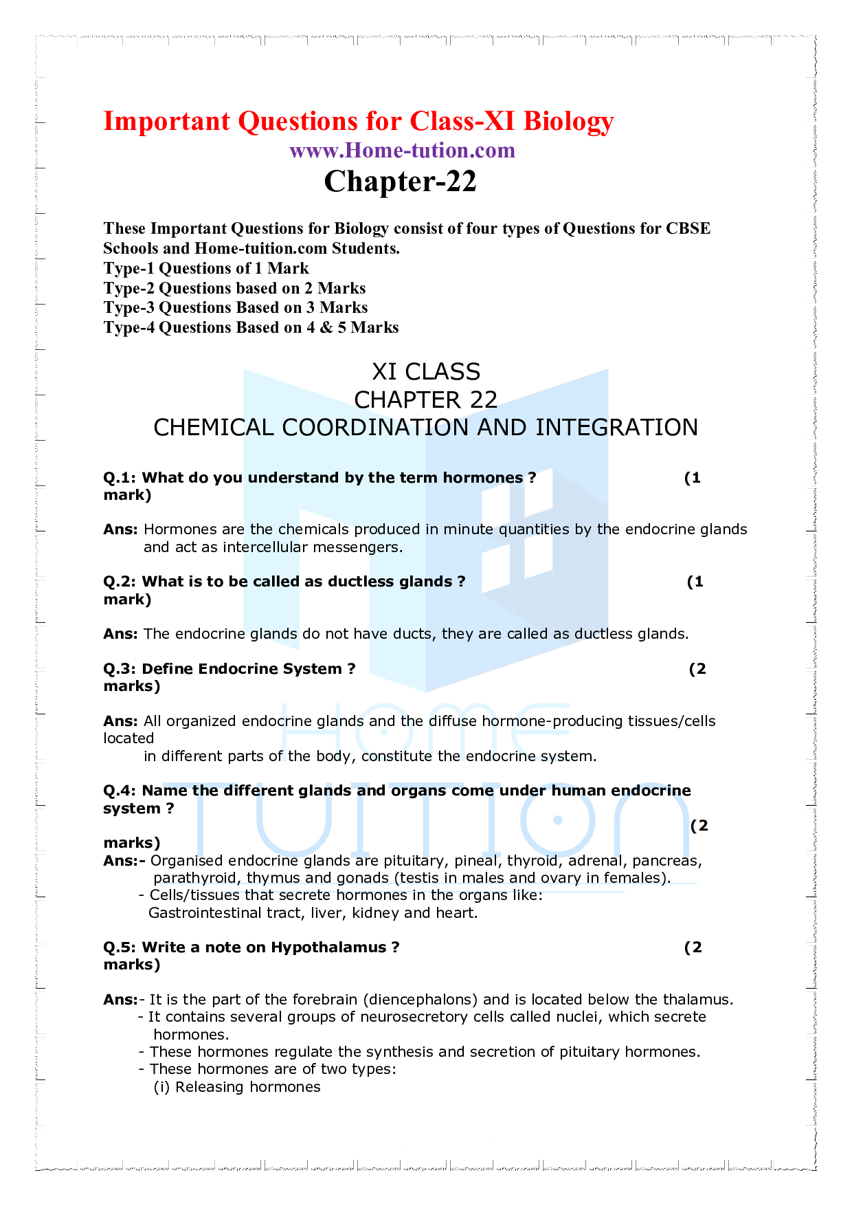 Chapter 22 Chemical Coordination and Integration Important Questions