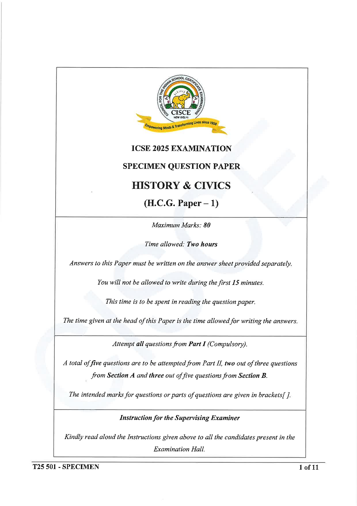 ICSE Board Sample Paper for class 10 History & Civics