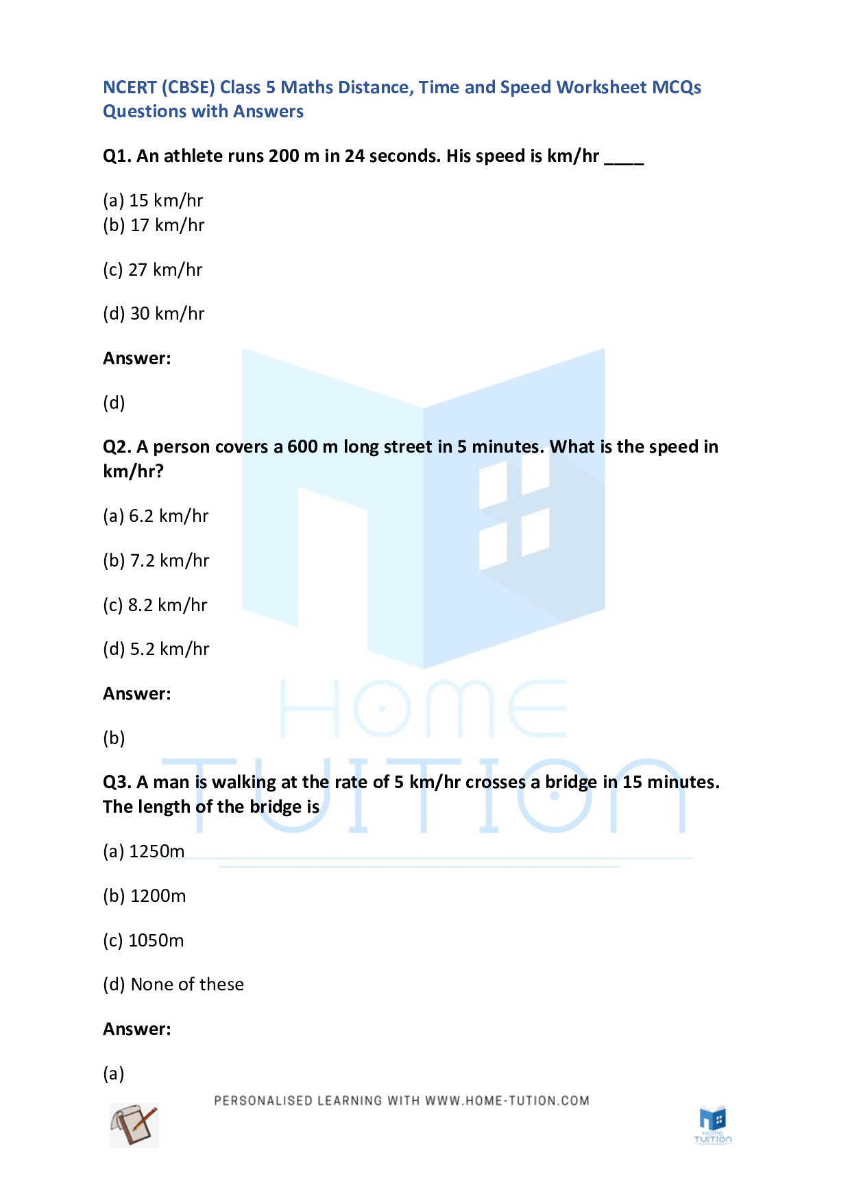 CBSE Class 5 Maths Distance Time and Speed Worksheet with Answers PDF 