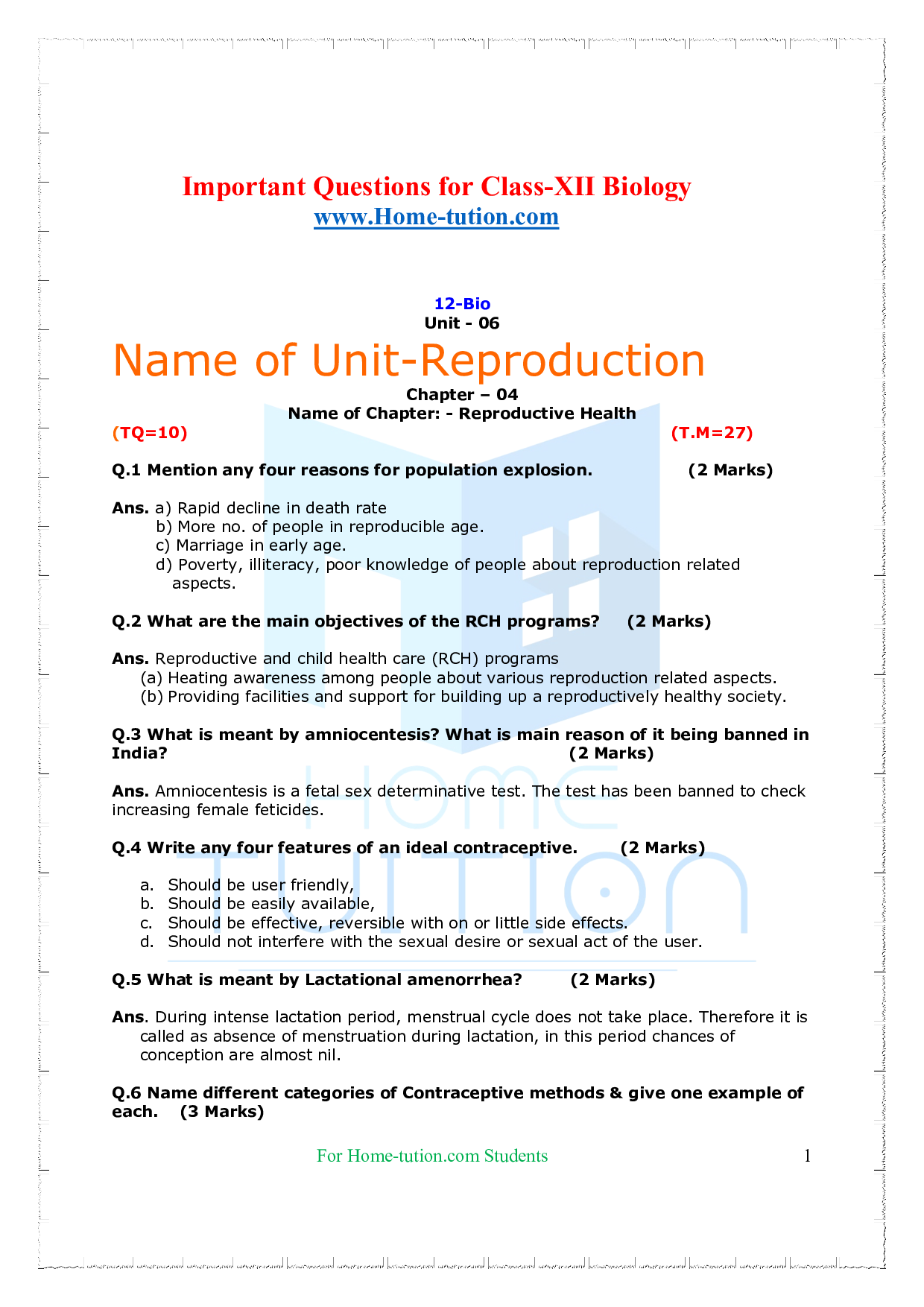 Chapter-4 Reproductive Health Questions