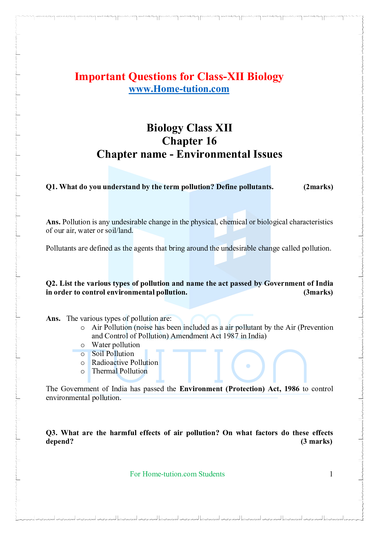 Chapter-16 Environmental Issues Questions