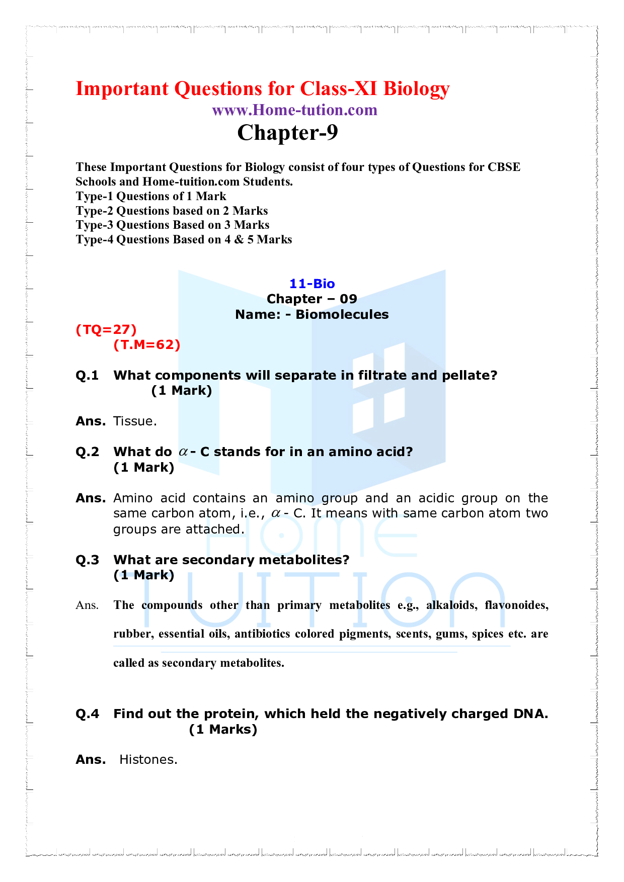 Chapter 9 Biomolecules Important Questions