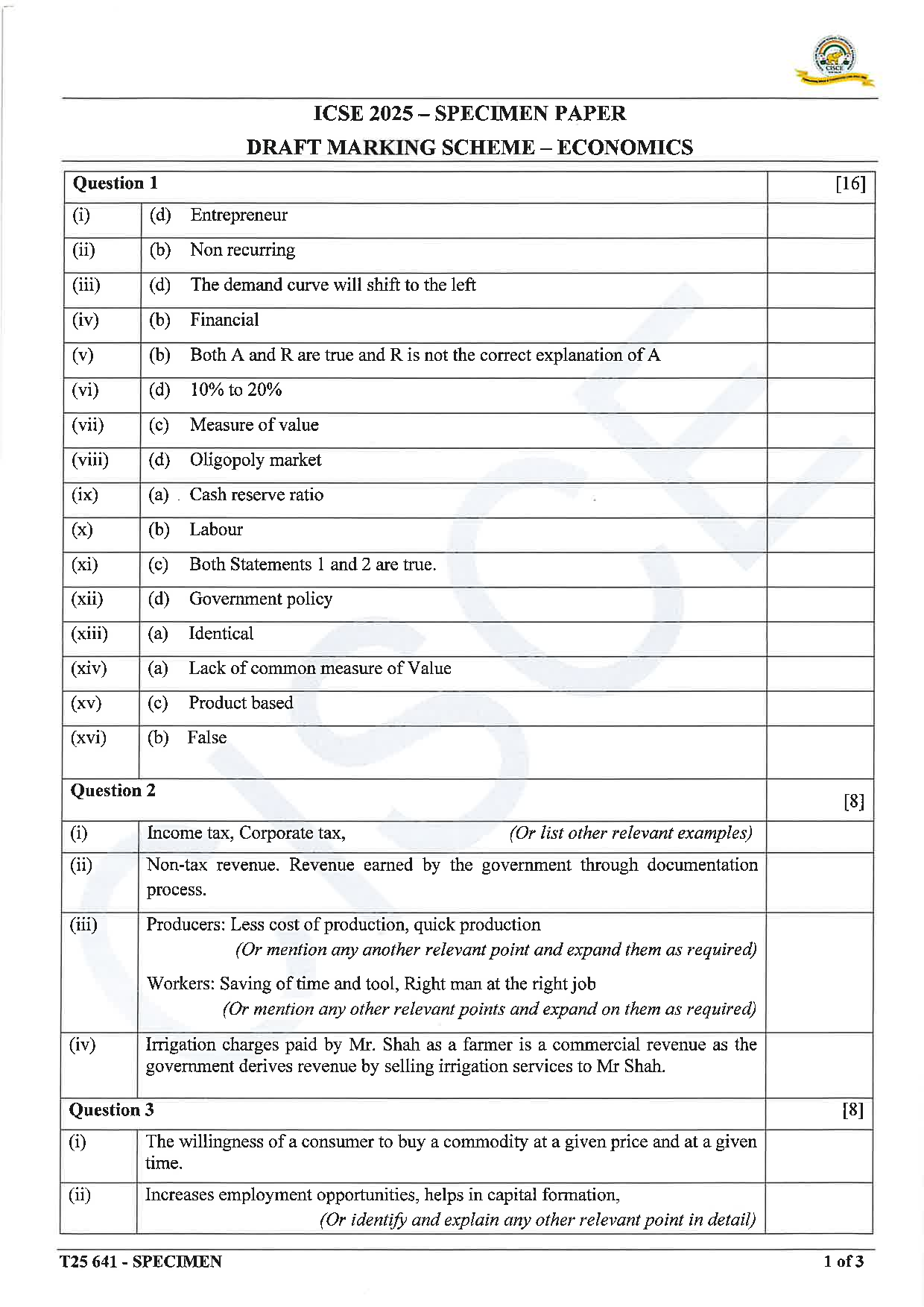 ICSE Board Sample Paper for class 10 Economics