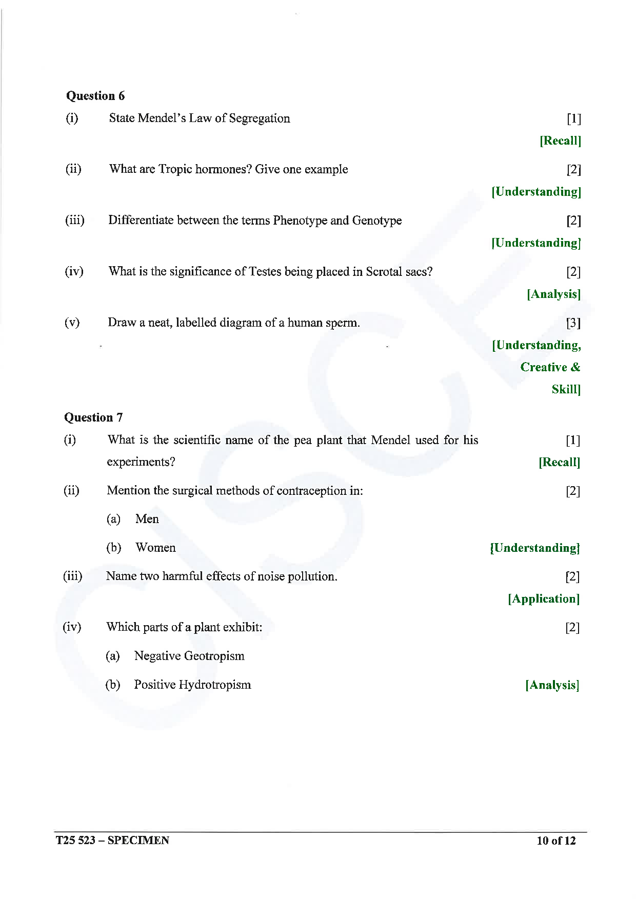 ICSE Board Sample Paper for class 10 Biology