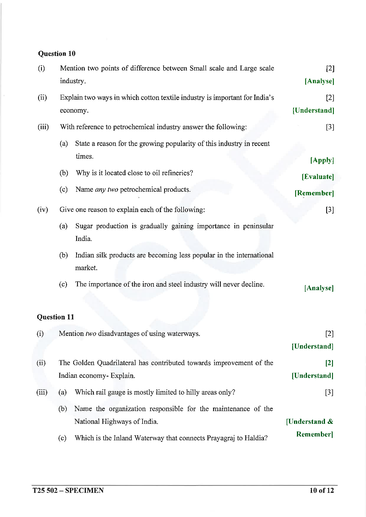 ICSE Board Sample Paper for class 10 Geography