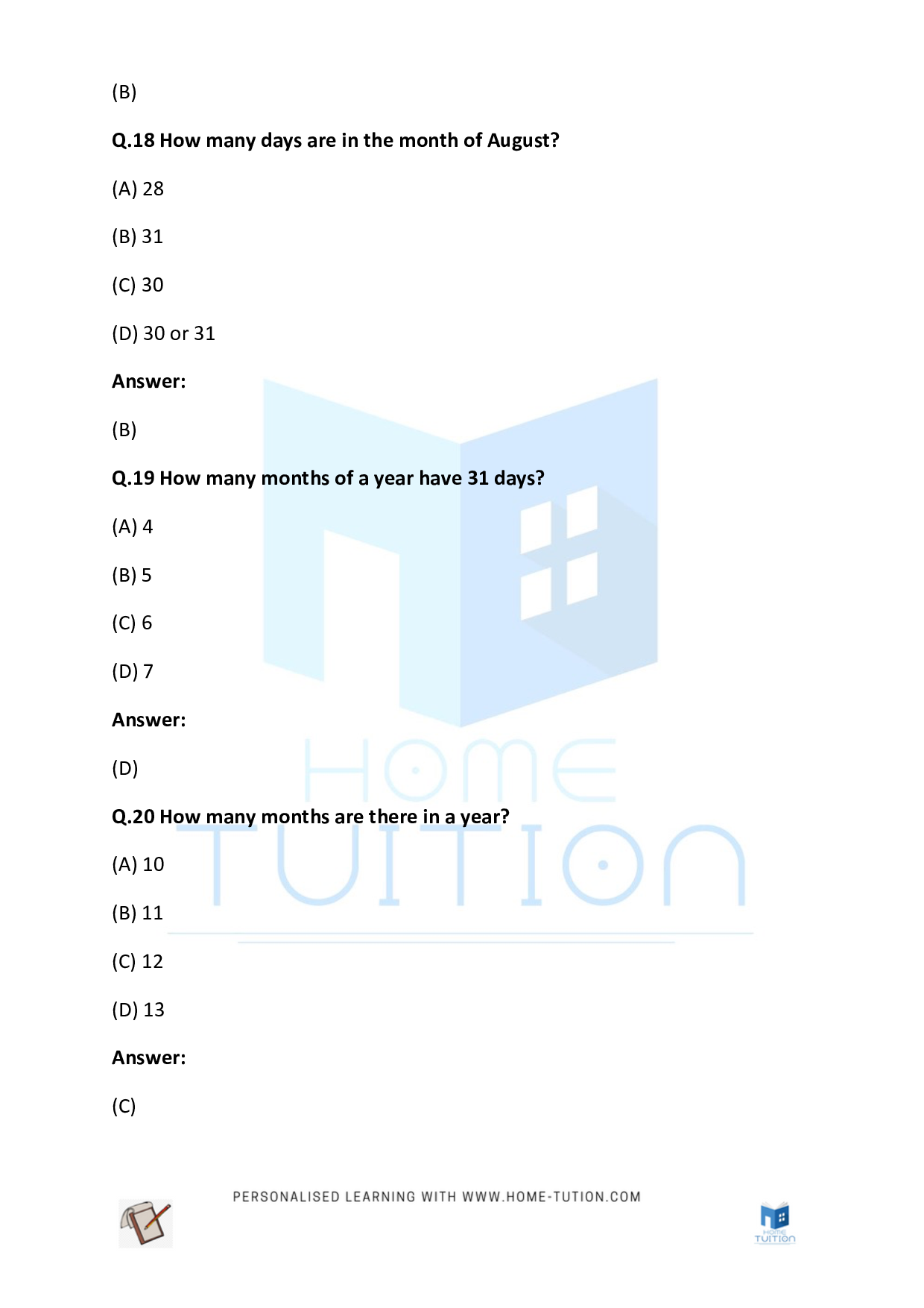 CBSE Class 3 Maths Calendar Worksheet with Answers PDF 