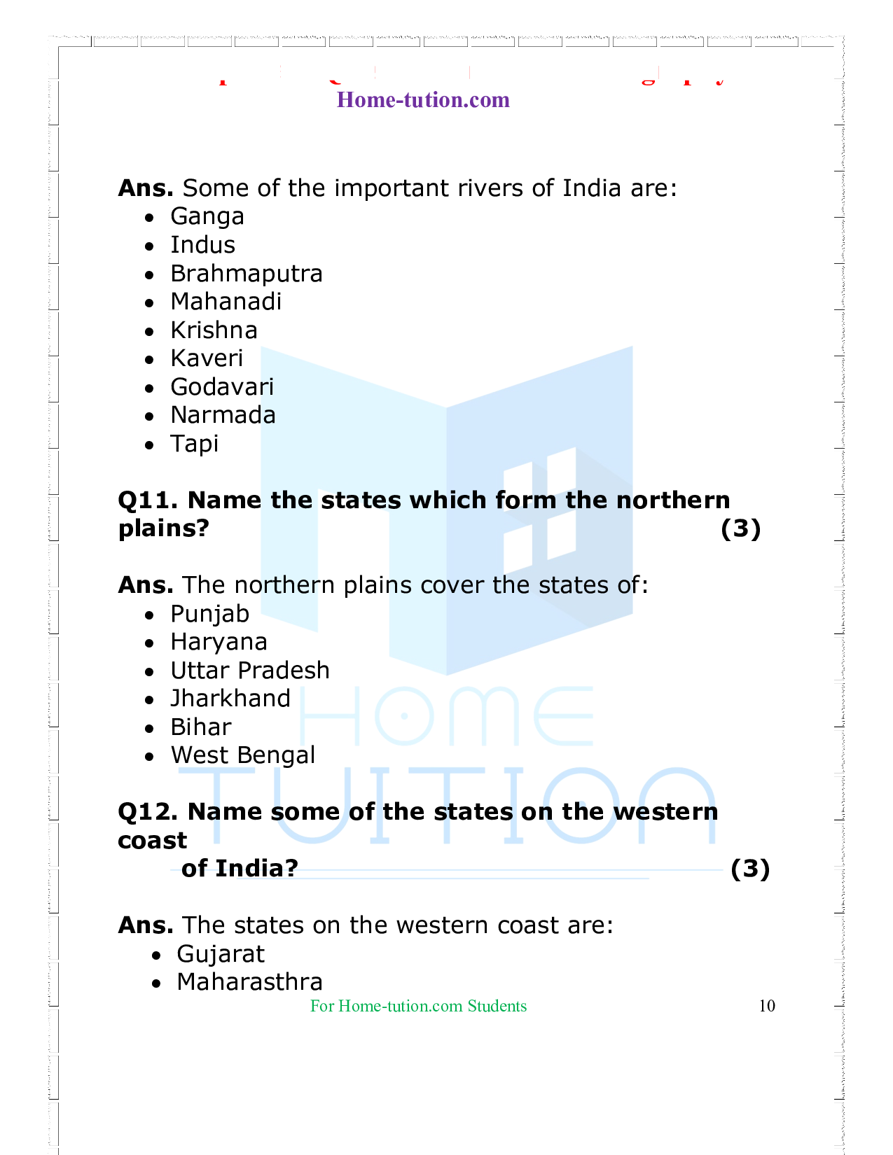 Questions for Class 9 Geography Chapter 1 India–Size and Location