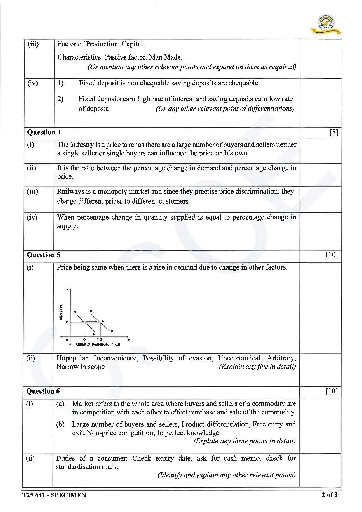 ICSE Board Sample Paper for class 10 Economics