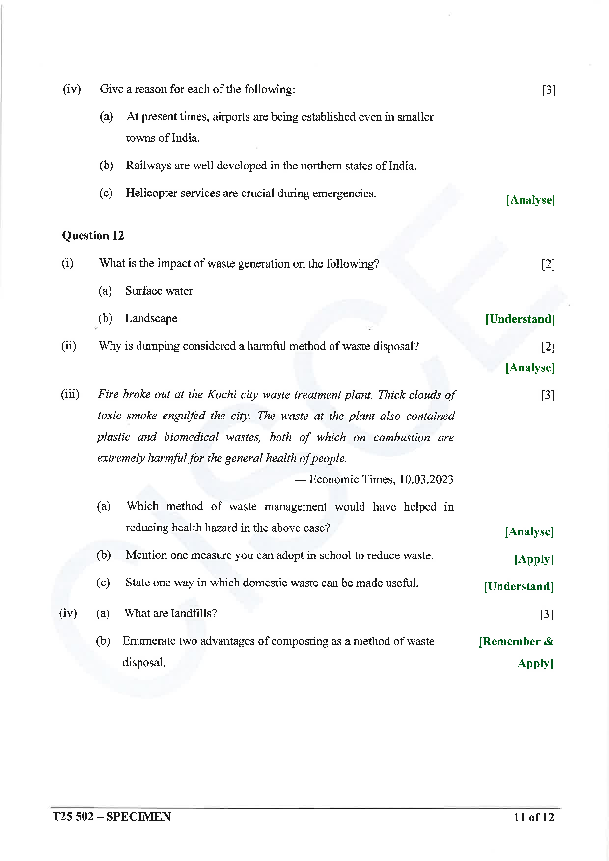 ICSE Board Sample Paper for class 10 Geography