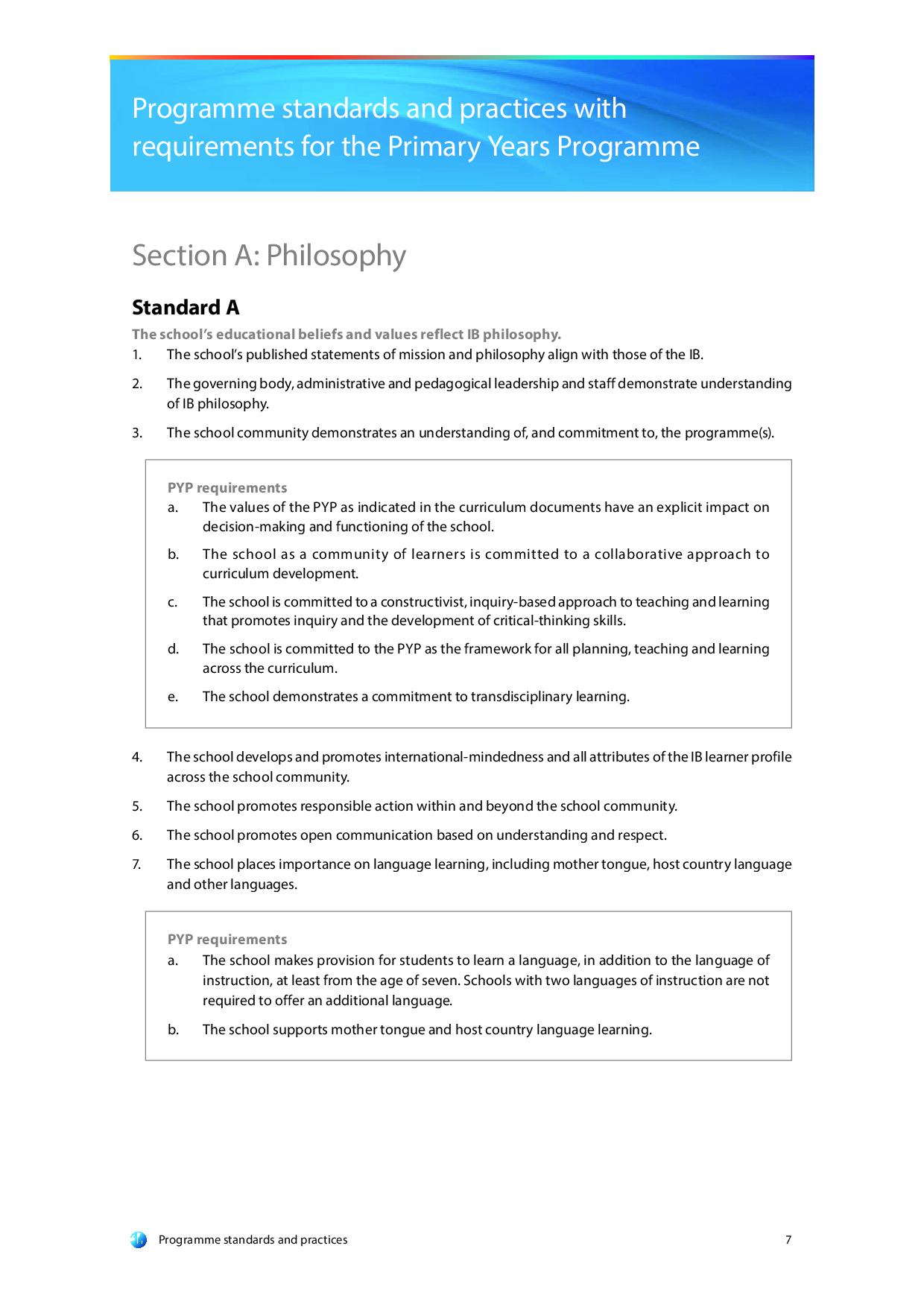 Curriculum framework of Primary Years Programme (PYP) of IB Board