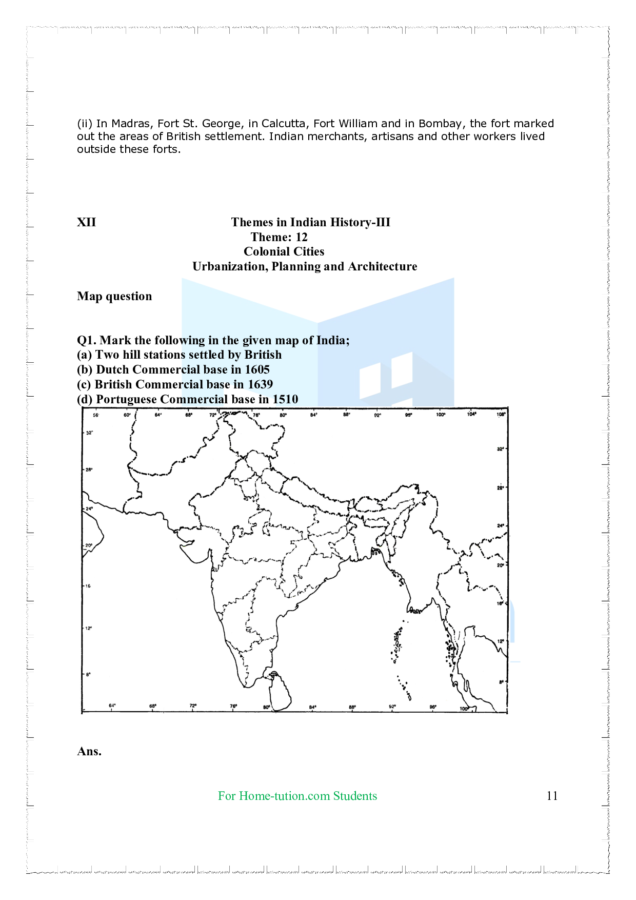 CBSE Questions for Chapter-12 Colonial Cities Urbanisation, Planning and Architecture