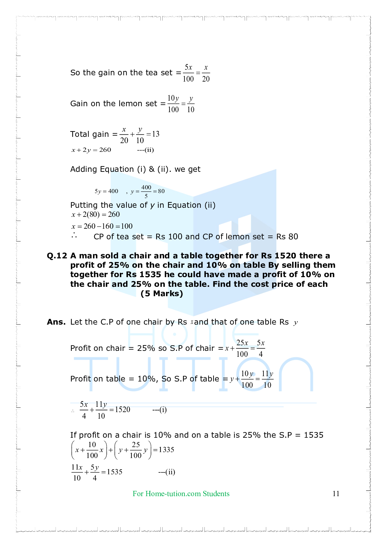 Chapter 3 Pair of Linear Equations in Two Variable Questions