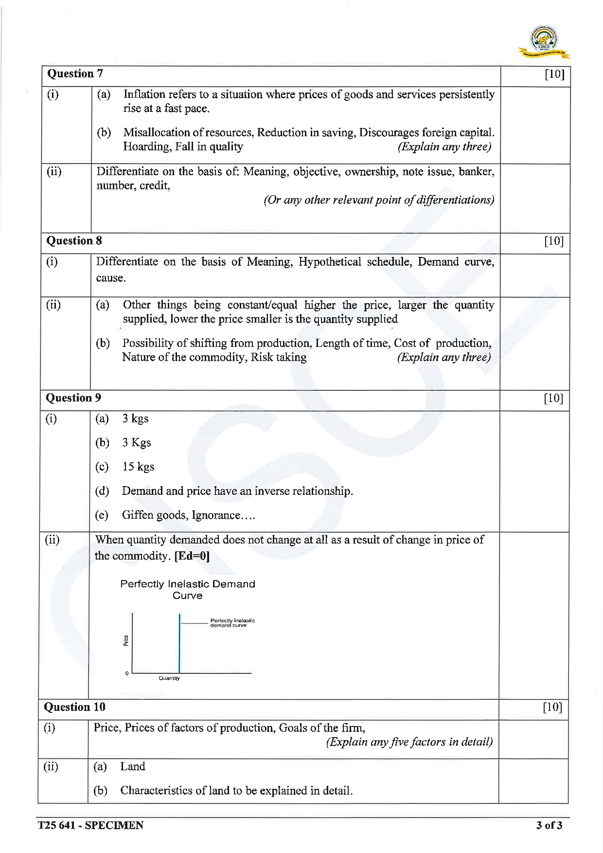 ICSE Board Sample Paper for class 10 Economics