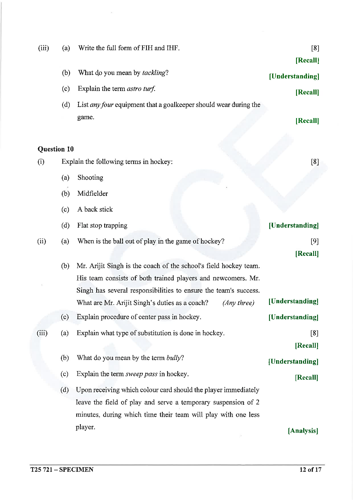 ICSE Board Sample Paper for class 10 Physical Education