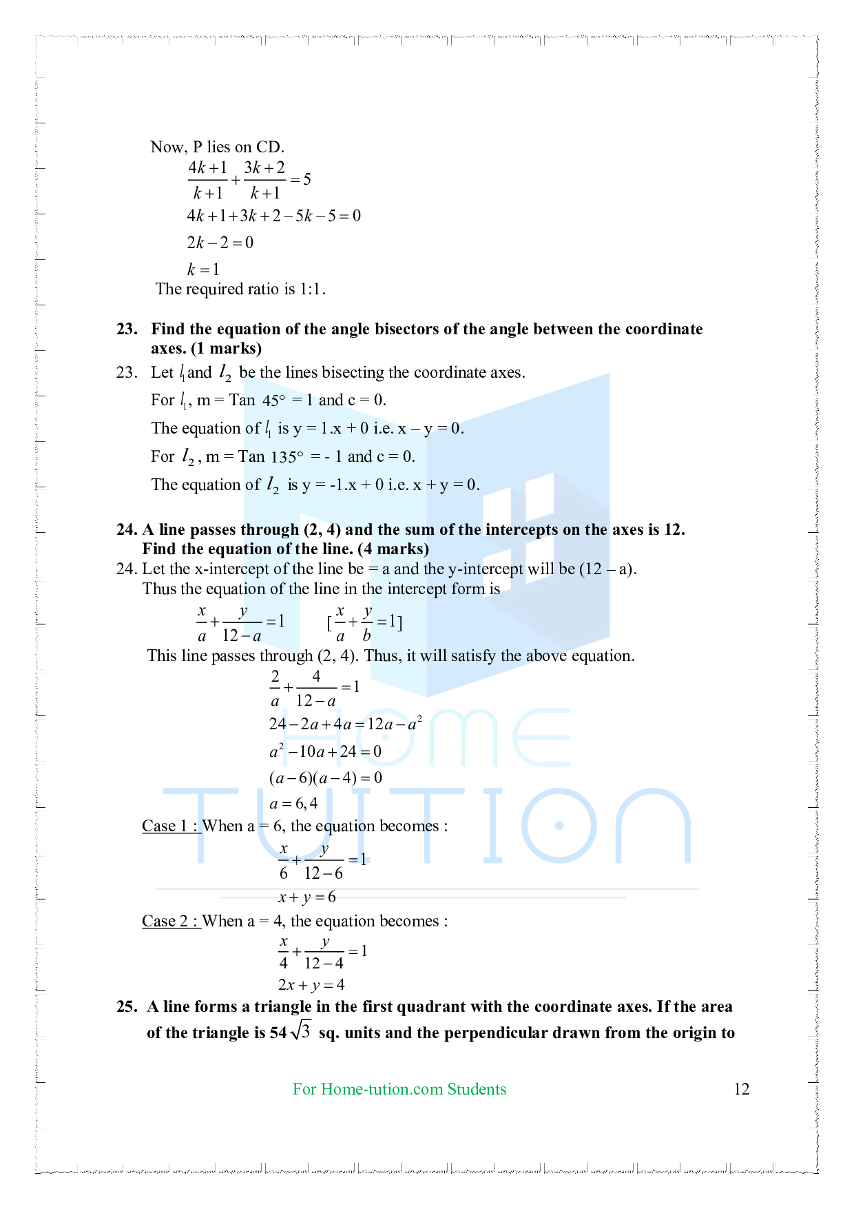 Chapter 10 Straight lines Questions