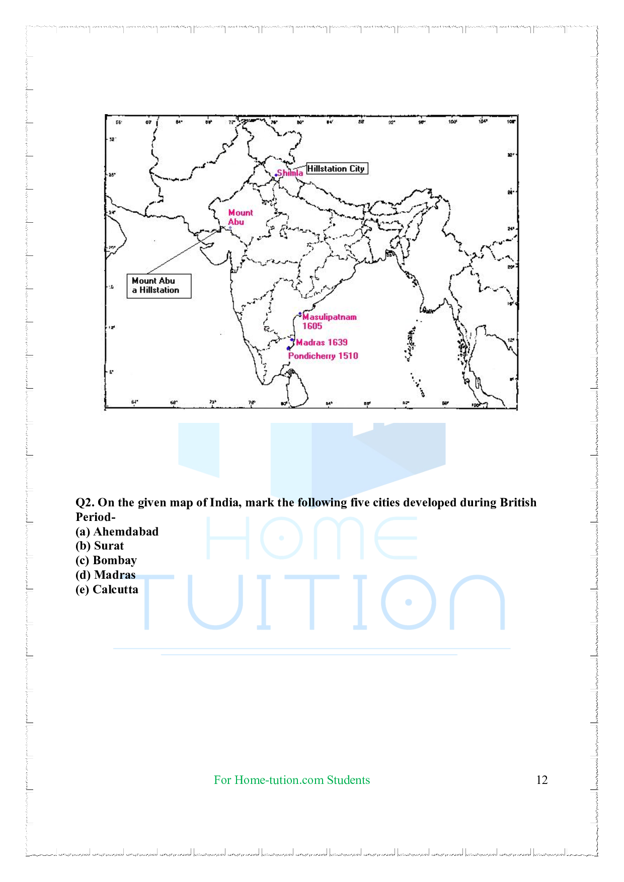 CBSE Questions for Chapter-12 Colonial Cities Urbanisation, Planning and Architecture