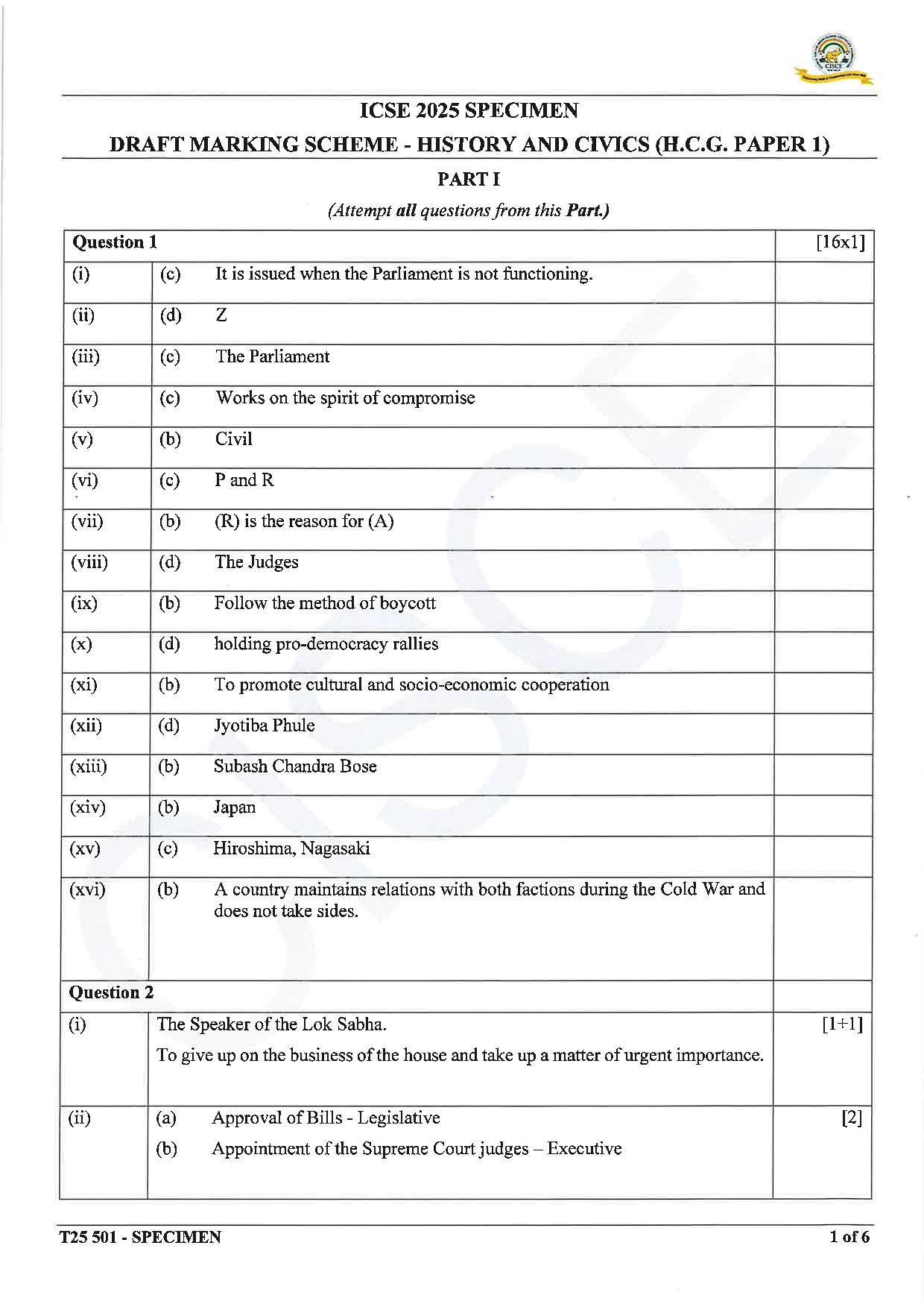 ICSE Board Sample Paper for class 10 History & Civics