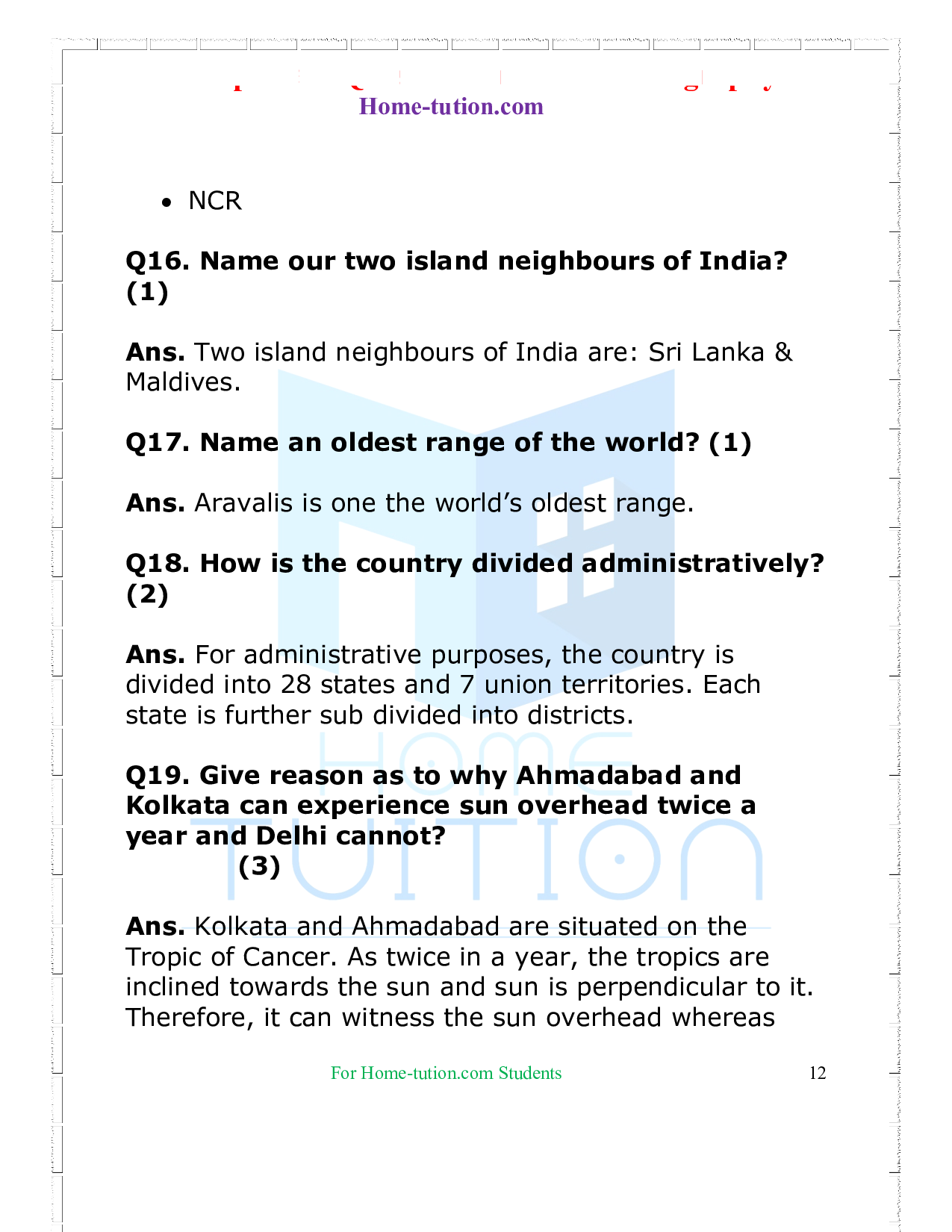 Questions for Class 9 Geography Chapter 1 India–Size and Location