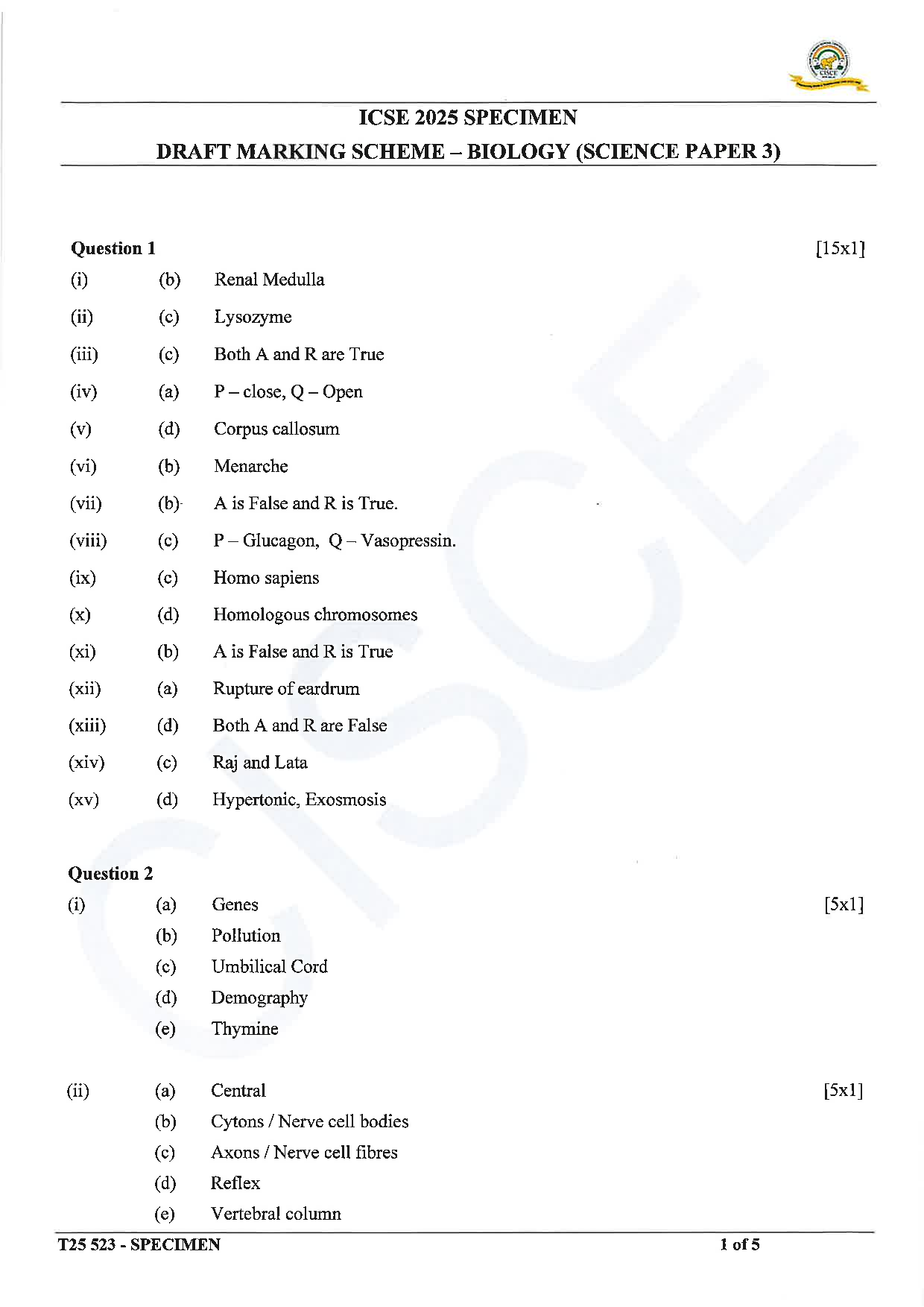 ICSE Board Sample Paper for class 10 Biology