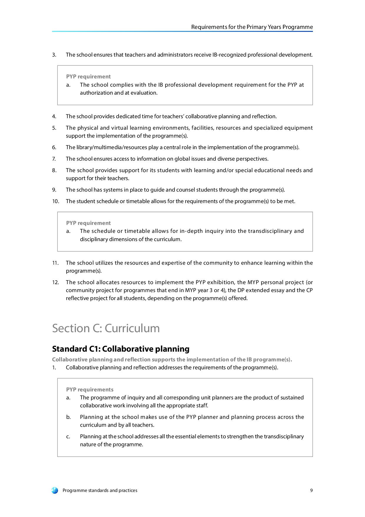 Curriculum framework of Primary Years Programme (PYP) of IB Board