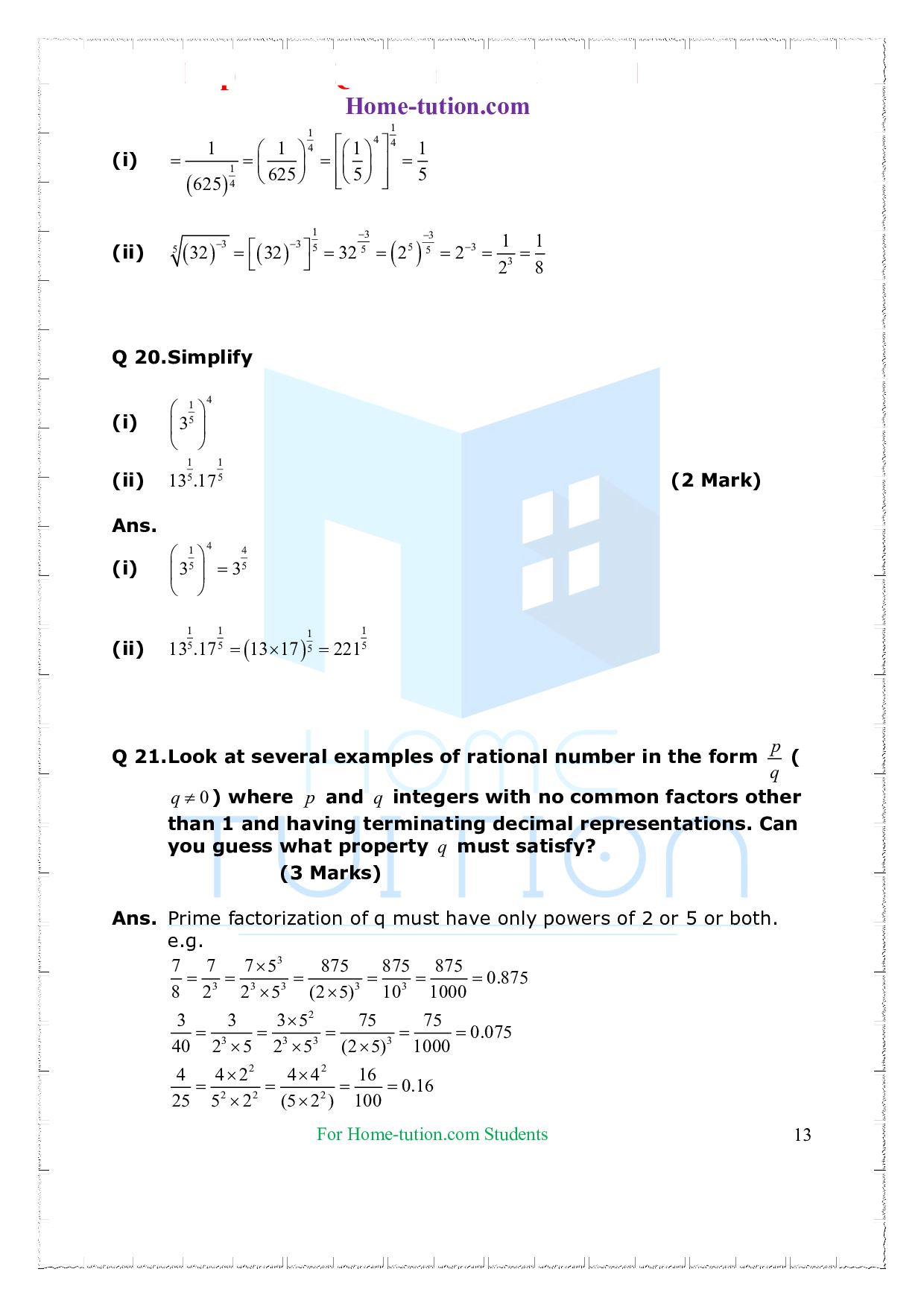 Questions for Class 9 Maths Chapter 1 Number System