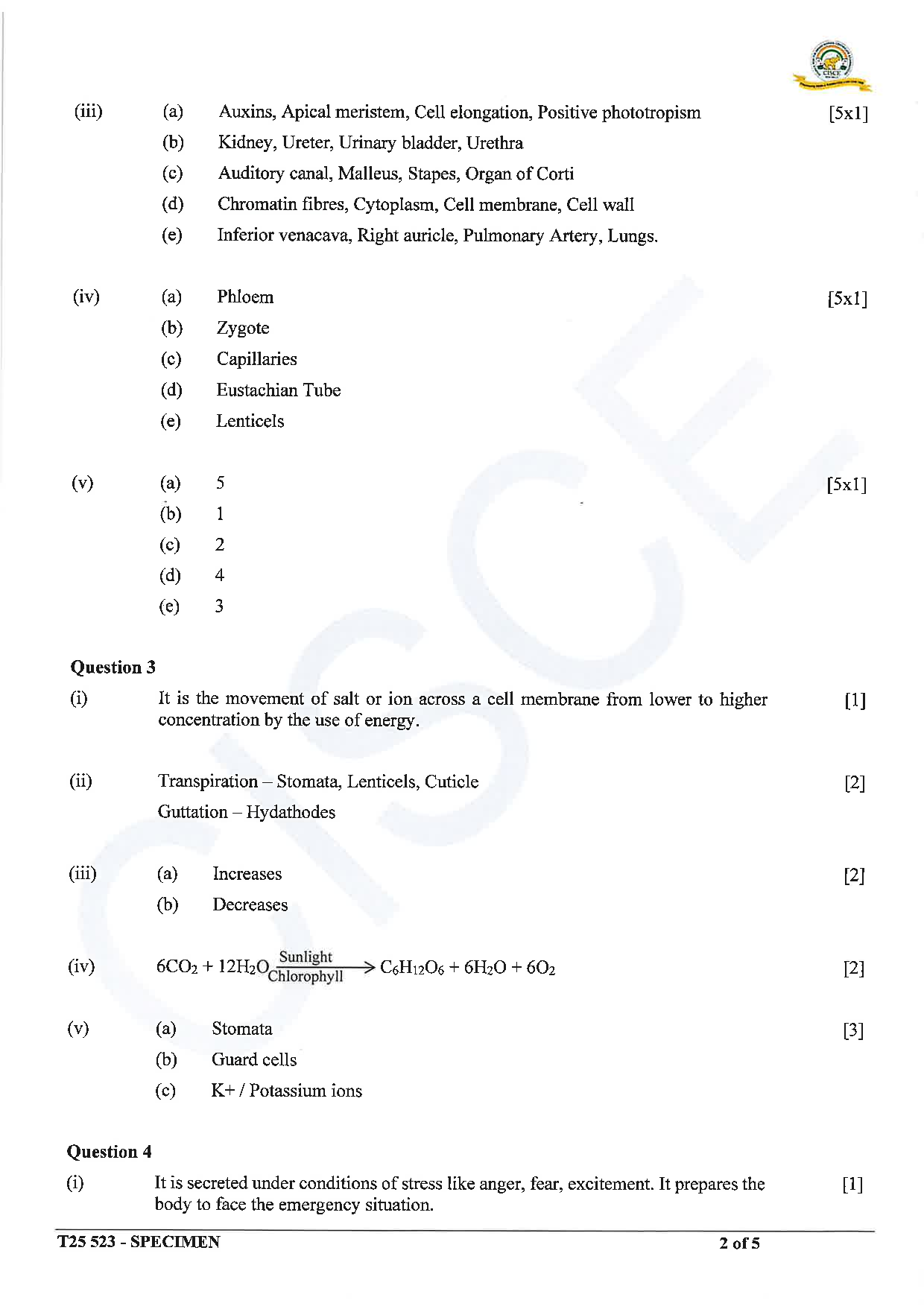 ICSE Board Sample Paper for class 10 Biology