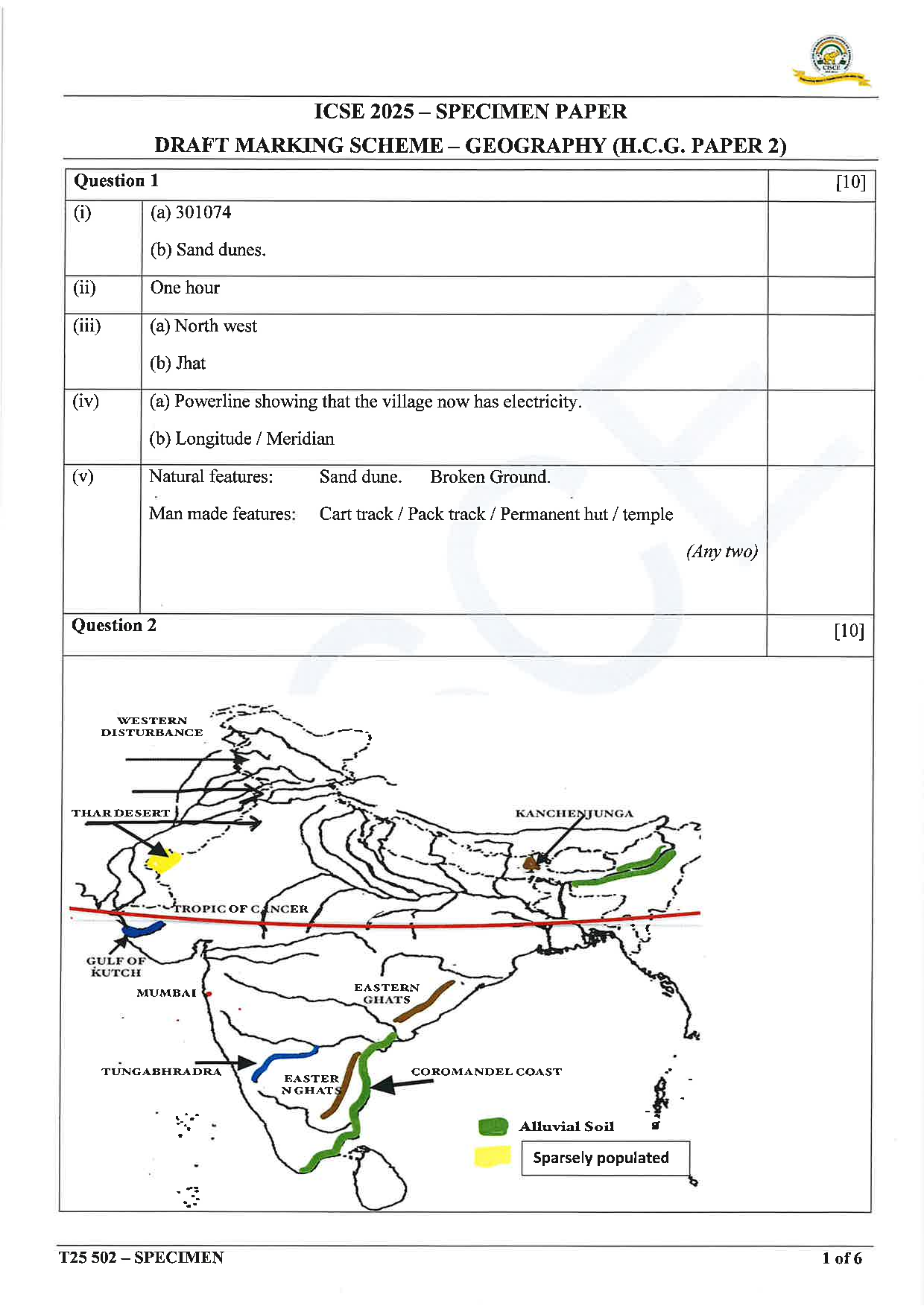 ICSE Board Sample Paper for class 10 Geography