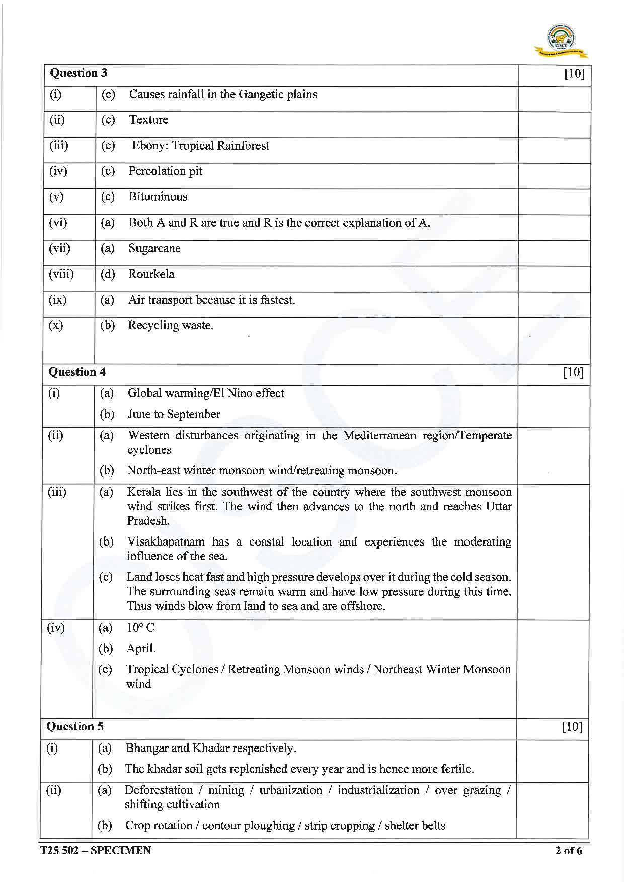 ICSE Board Sample Paper for class 10 Geography