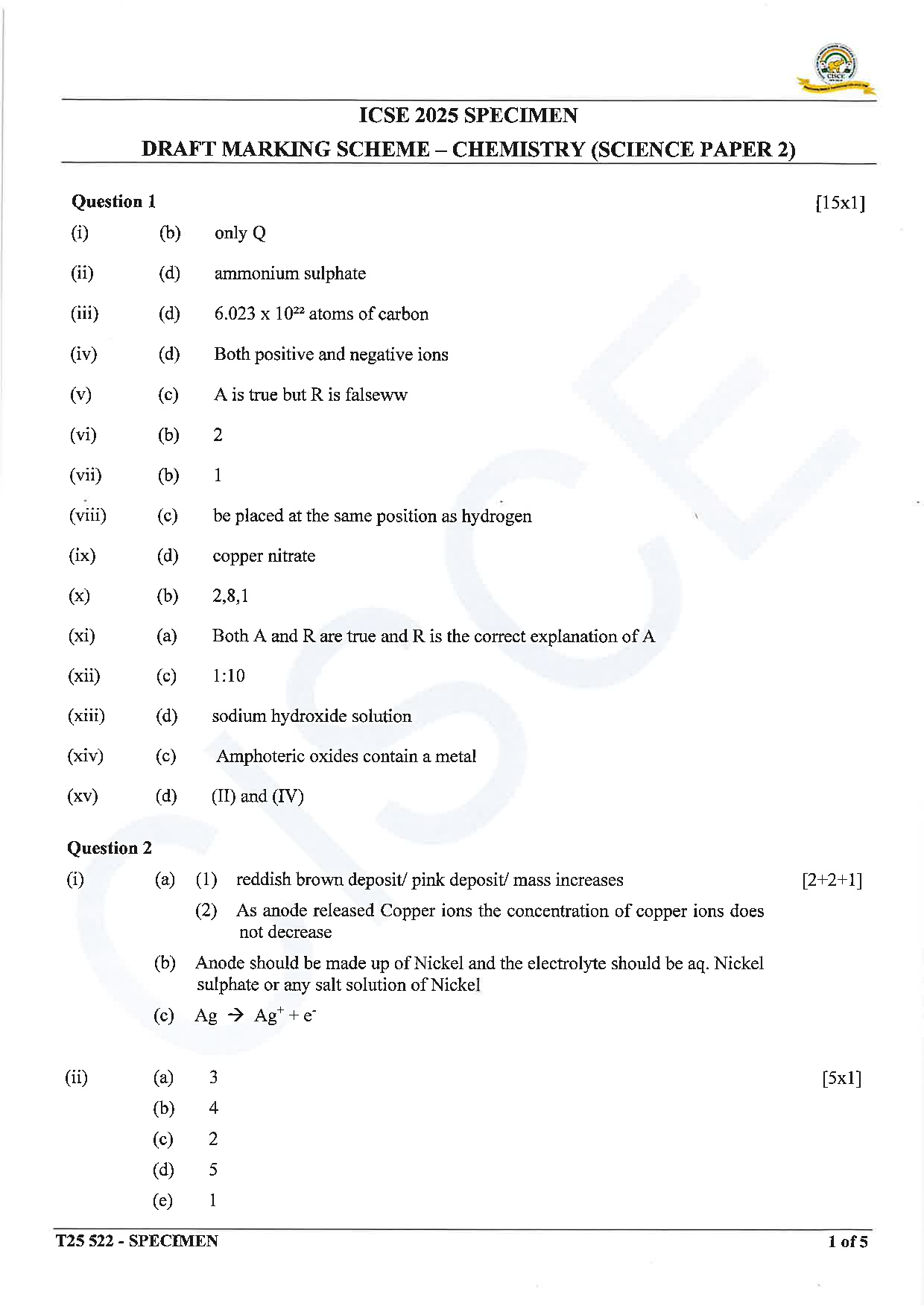 ICSE Board Sample Paper for class 10 chemistry